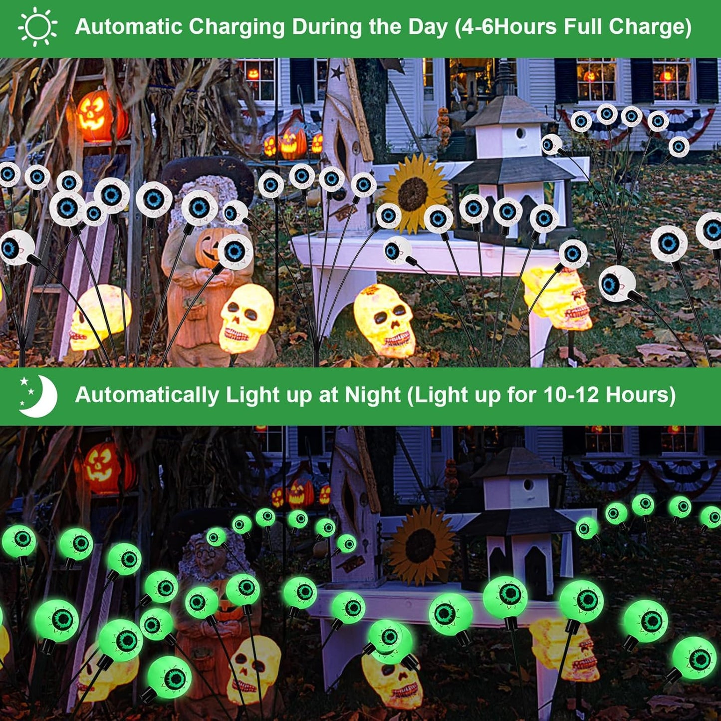 AIKEI Solar Halloween Lights Outdoor, Solar Scary Eyeball Lights, 2 Pack 12 LED Eyeball Swaying Firefly Lights,Waterproof Halloween Decoration for Yard Garden Party Supplies,Green Lights