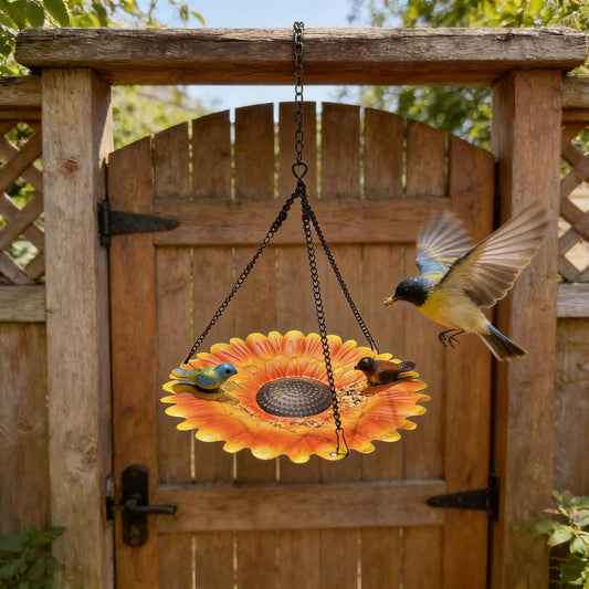 Sunflower Shape Metal Hanging Bird Feeder for Outdoors - 8.46 Inch Birdbath Bird Water Bowl Bird Feeders for Outside, Garden, Lawn Yard Decor