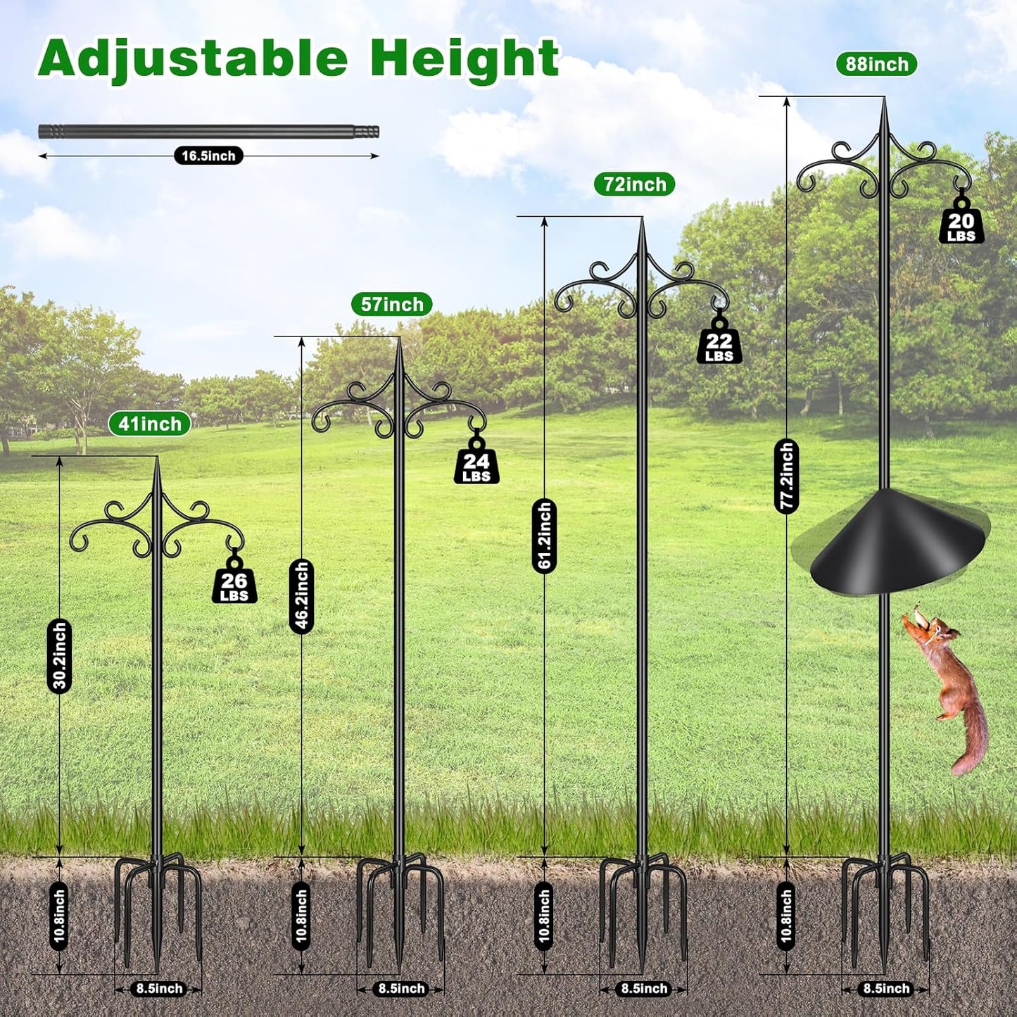 Heavy Duty Double Shepherd Hooks Squirrel Proof for Outdoor with 5-Prong Base, 88inch Adjustable Decorative Metal Bird Feeder Pole with Baffle for Hanging Bird Nests, Plant Baskets,1 Pack