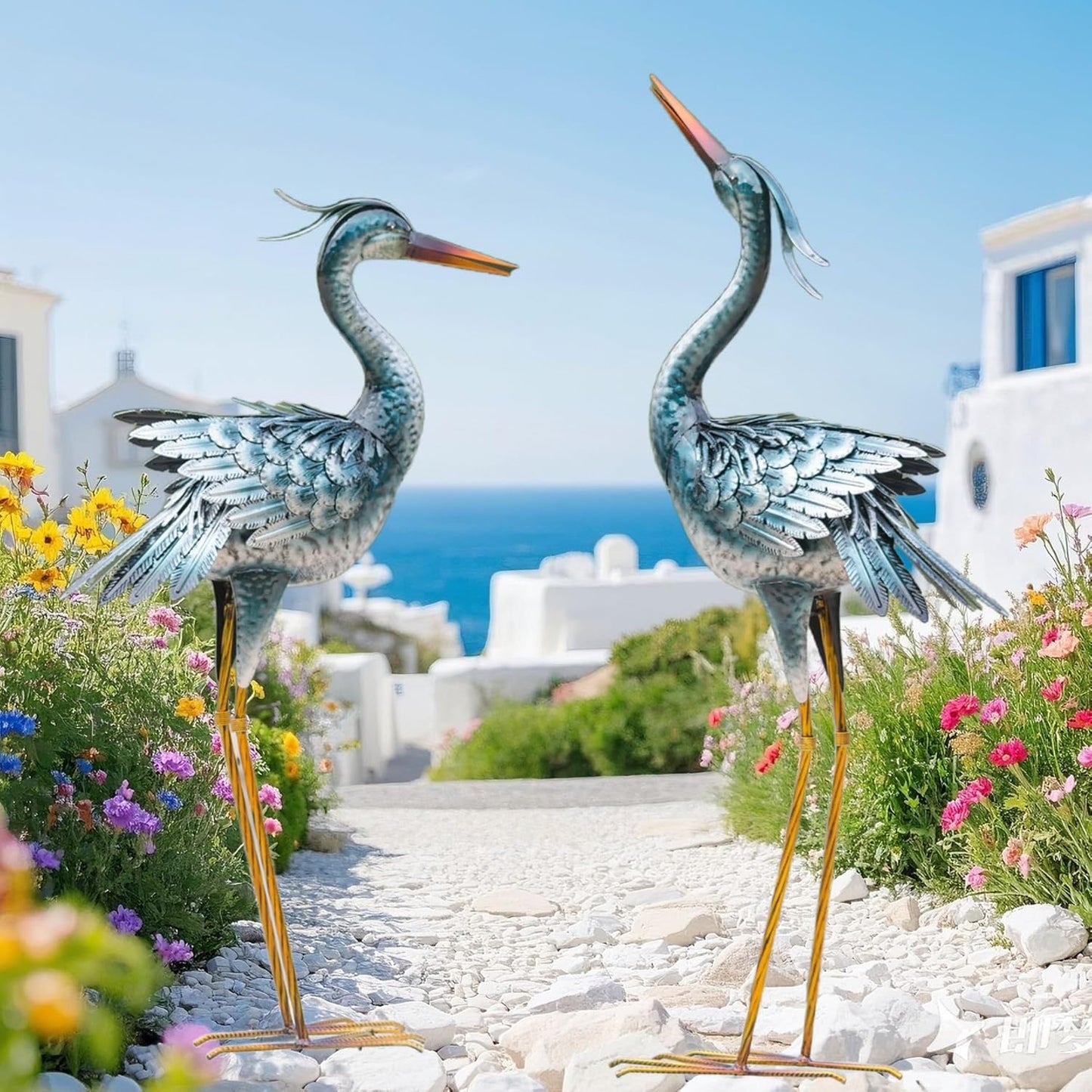 chisheen Large Garden Crane Statues Outdoor Sculptures, Metal Yard Art Heron Decor Standing for Indoor Outdoor Decor, Bird Statues for Patio Lawn Porch Decorations, Set of 2