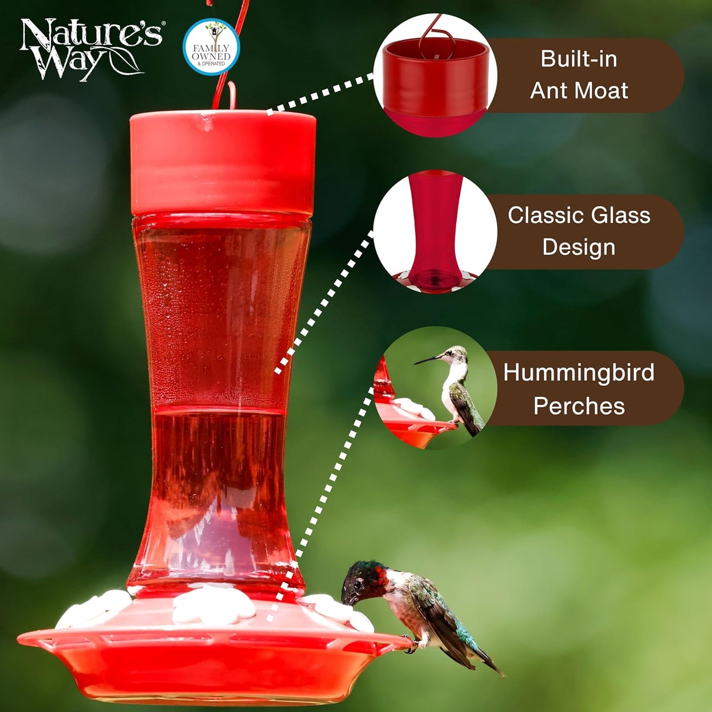 Nature’s Way Crimson Silhouette Glass Gravity Hummingbird Feeder for Outdoor Décor, 11 oz Capacity Nectar Feeder, 4 Leak-Free Flexible Ports with Built-in Ant Moat, Red