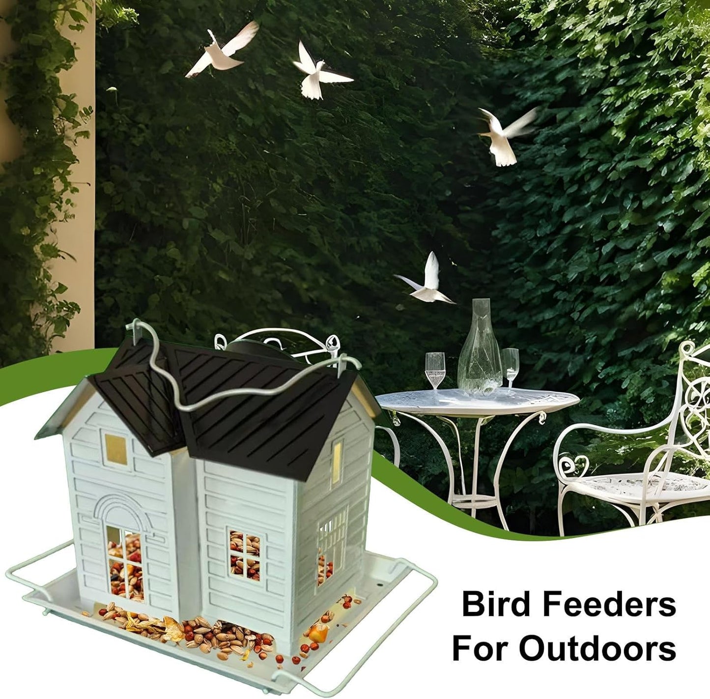 Solar Cabin Bird Feeder, Birdhouse Bird Feeders for Outdoors Hanging, Metal Finch Food Dispenser with Solar Powered Lantern for Garden, Balcony, Patio
