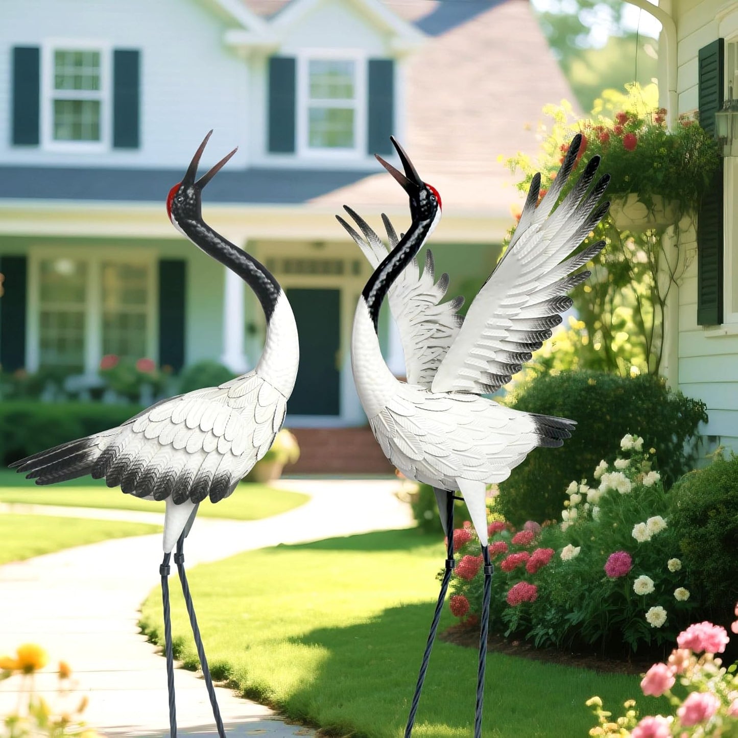 chisheen Crane Garden Statues Outdoor Metal Heron Yard Art Crane for Garden Sculptures Patio Lawn Ornaments,Set of 2