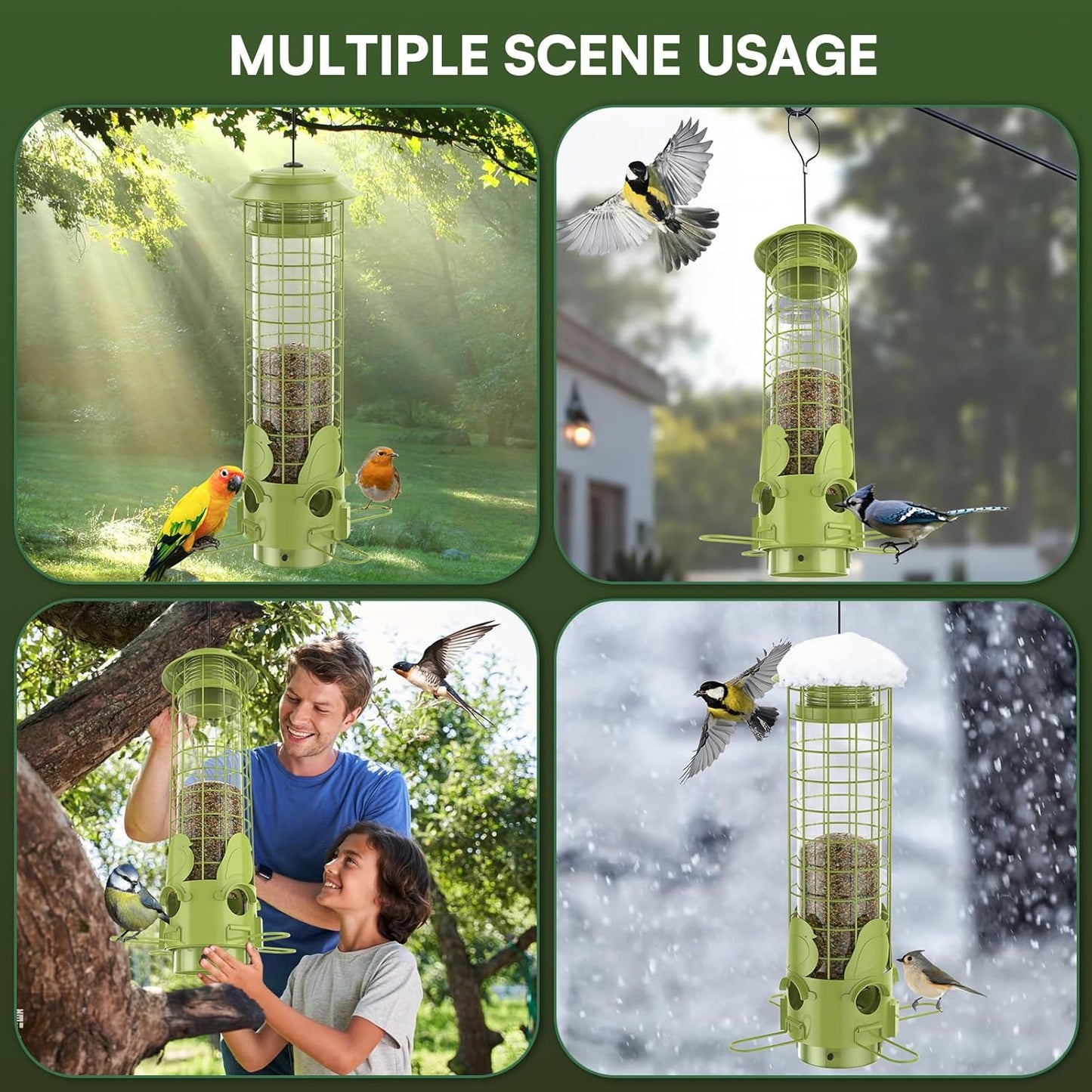 Bird Feeders Squirrel Proof with Weight Activated Perches,Metal Mesh Bird Seed Feeders for Outdoors Hanging- Large Tube Wild Bird Seed Feeders with 3LB Capacity for Finch, Cardinal, Blue Jay
