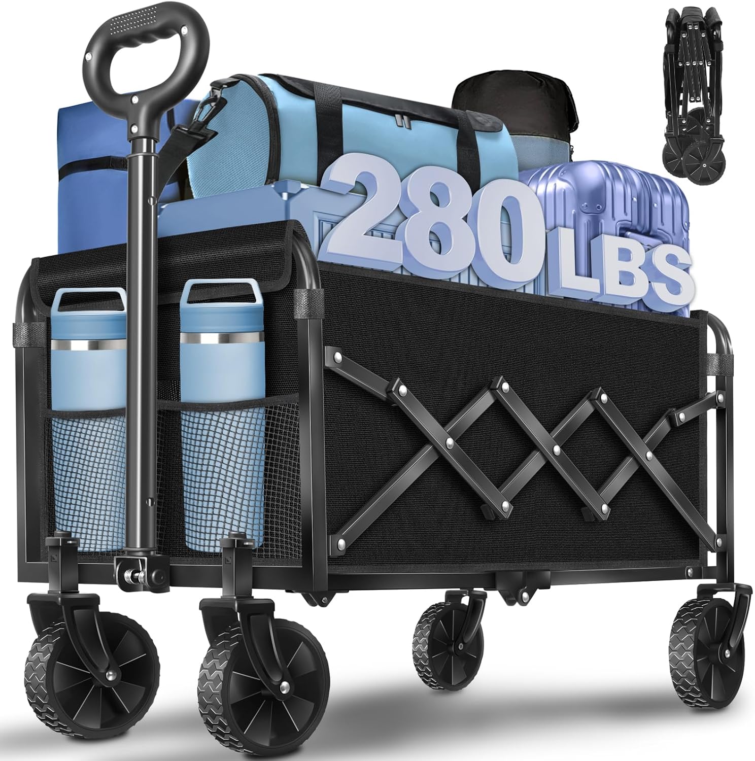 Wagons Carts Foldable, 280 Lbs with Adjustable Handle, Black Lightweig