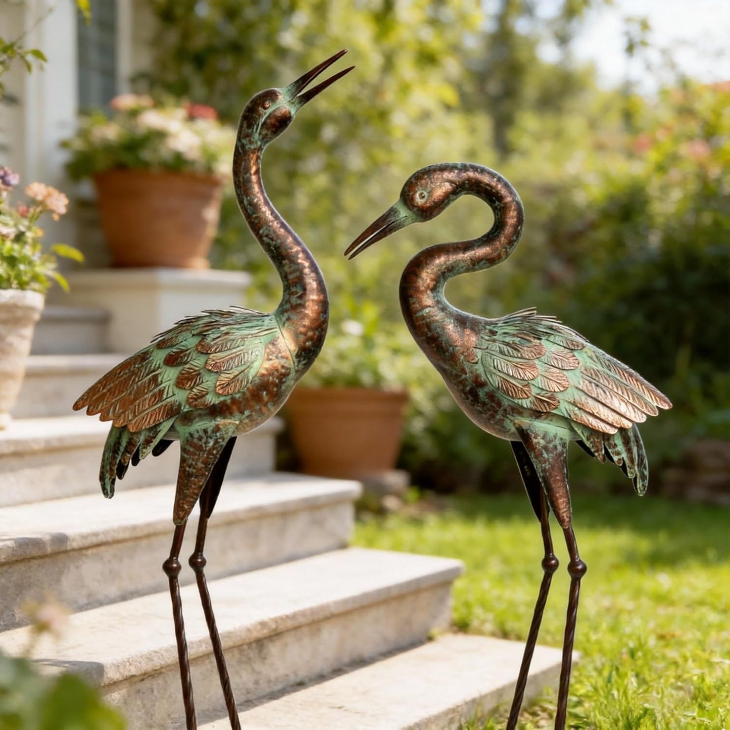 Shorayn Garden Crane Statues, Blue Heron Sculptures for Outdoor, Cranes Decor Metal Bird, Patina Garden Art Lawn Ornaments for Yard Patio Porch Outside Decorations