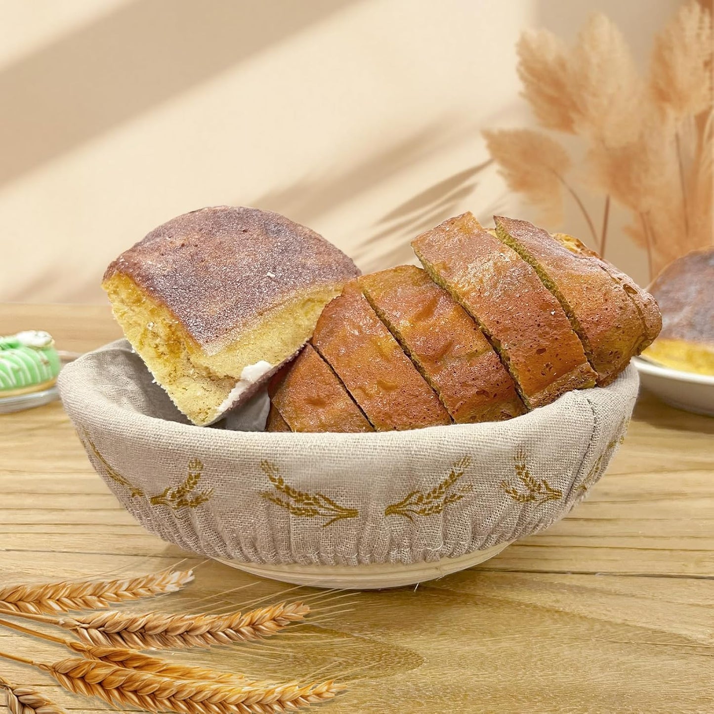 SNAIL GARDEN Bread Proofing Basket Cloth Liner - 3 Oval (10") & 3 Round (9"), Wheat Pattern Reusable Banneton Basket Liners, Linen Cotton Proofing Basket Covers for Bread Making