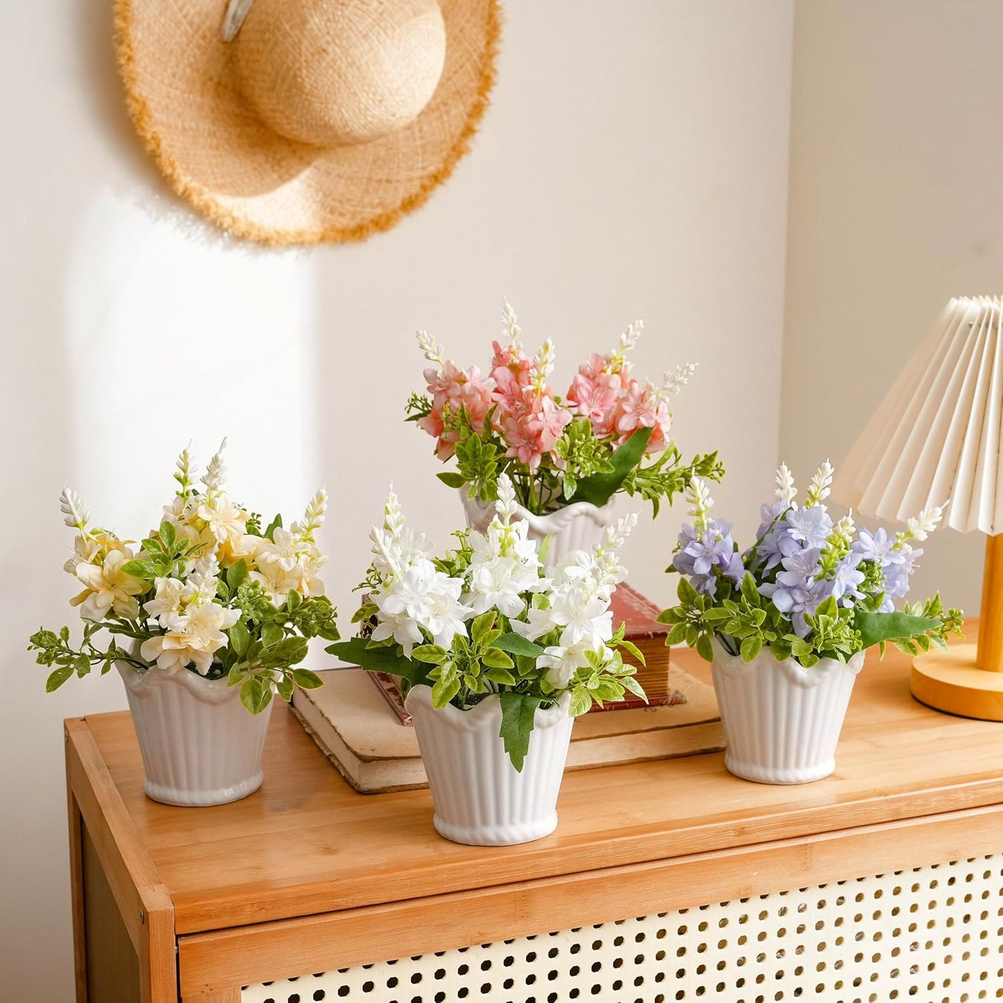 LUEUR 4PCS Artificial Spring Flower with Ceramic Pot, Spanish Dagger Plants Centerpiece Table Decorations – Faux Plants in Ceramic Planters for Dining Table, Coffee Table, Home, Office & Spring Decor