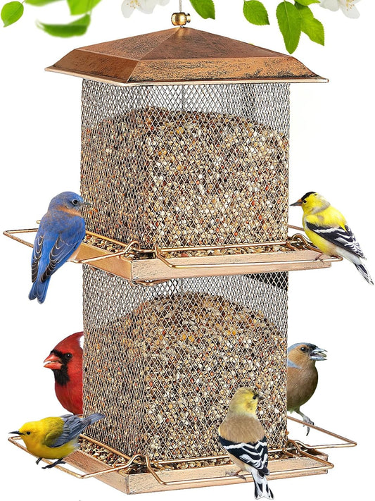 Large Bird Feeder, Double Tier Metal Bird Feeders for Outdoors, Square Tower Birdfeeder for Decorating Courtyard, Garden, Birds Watching, Gifts