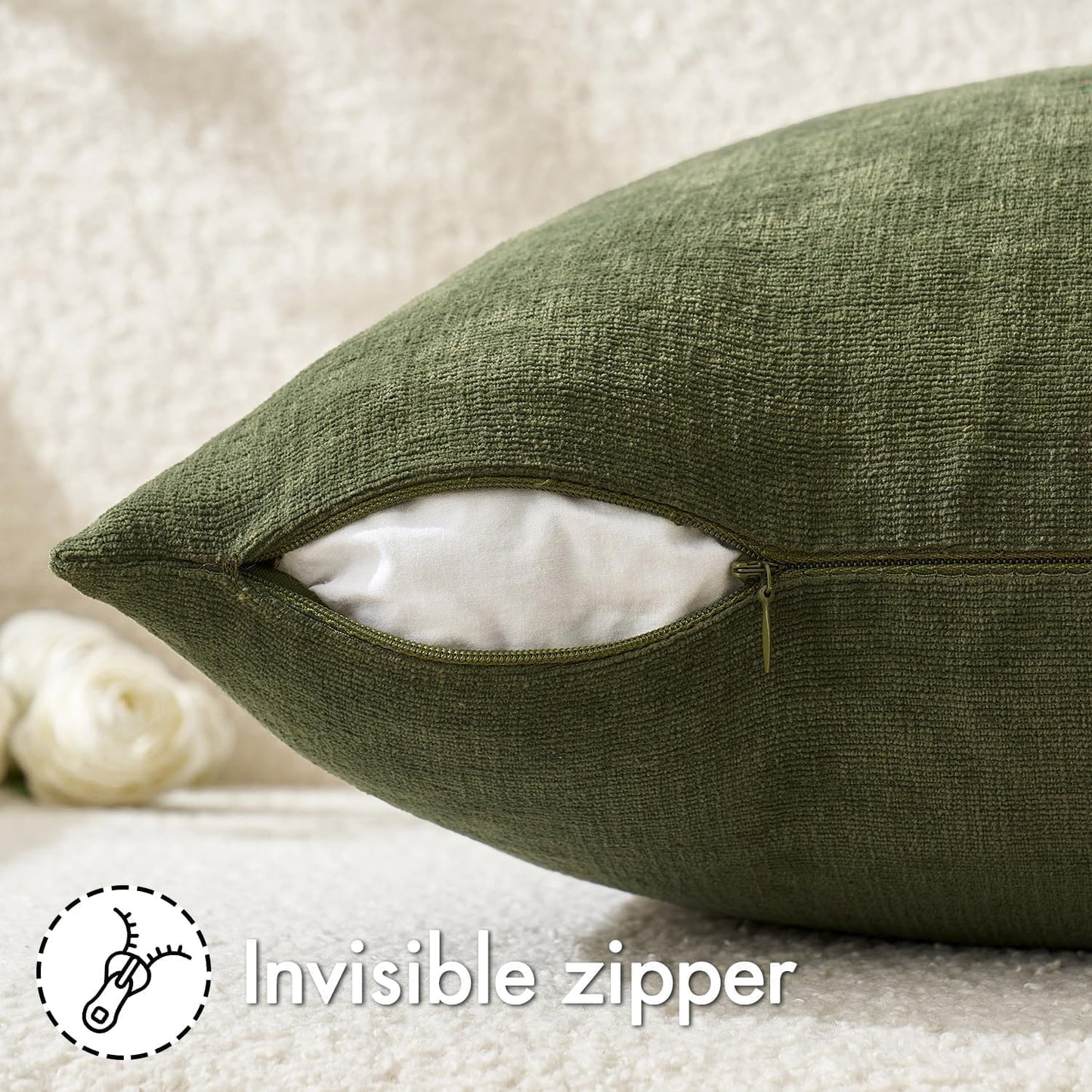 MIULEE Olive Green Couch Pillow Covers 18x18 Inch, Set of 2 Soft Chenille Decorative Square Throw Pillow Covers Farmhouse for Sofa Living Room Bed