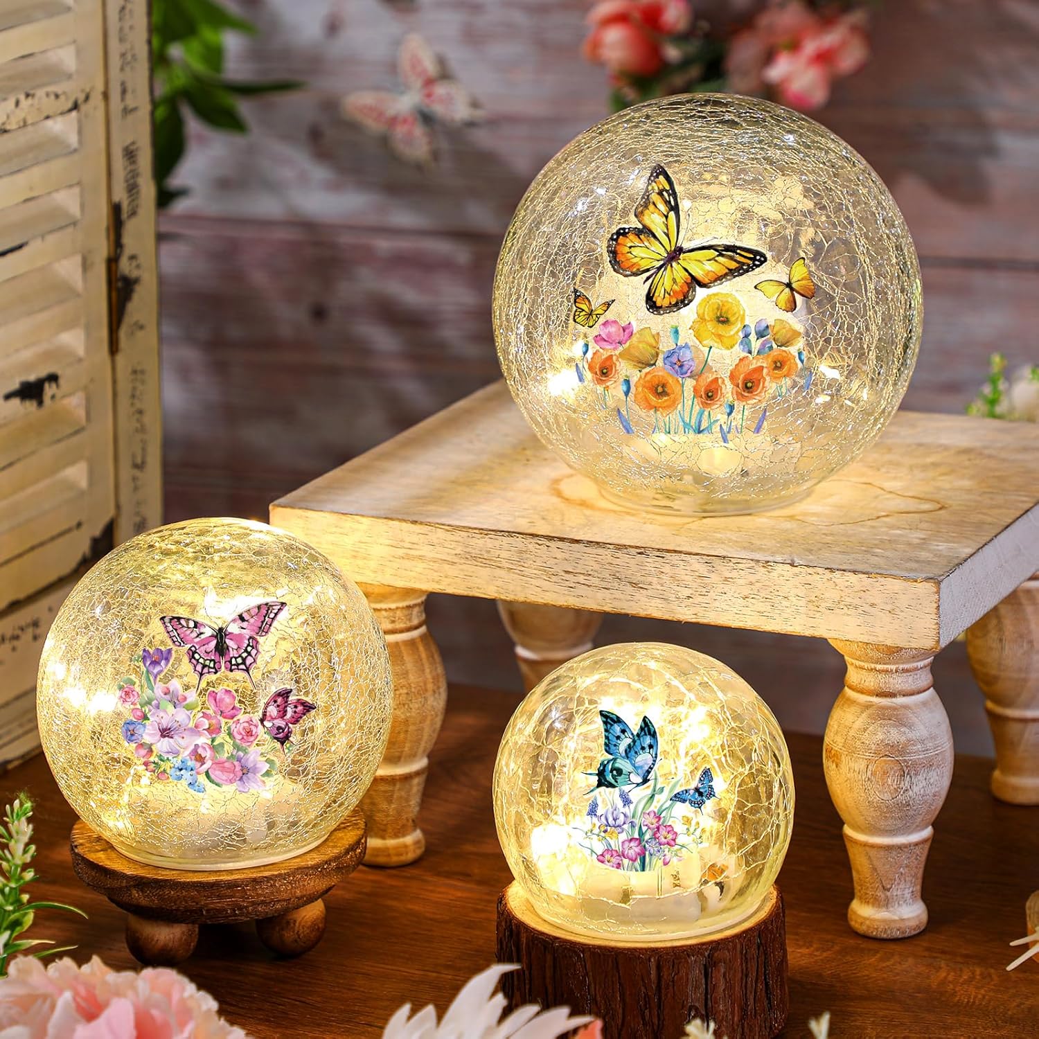 3pcs Spring Crackle Glass Ball Lights - Butterfly Ball Lamp Ornaments 