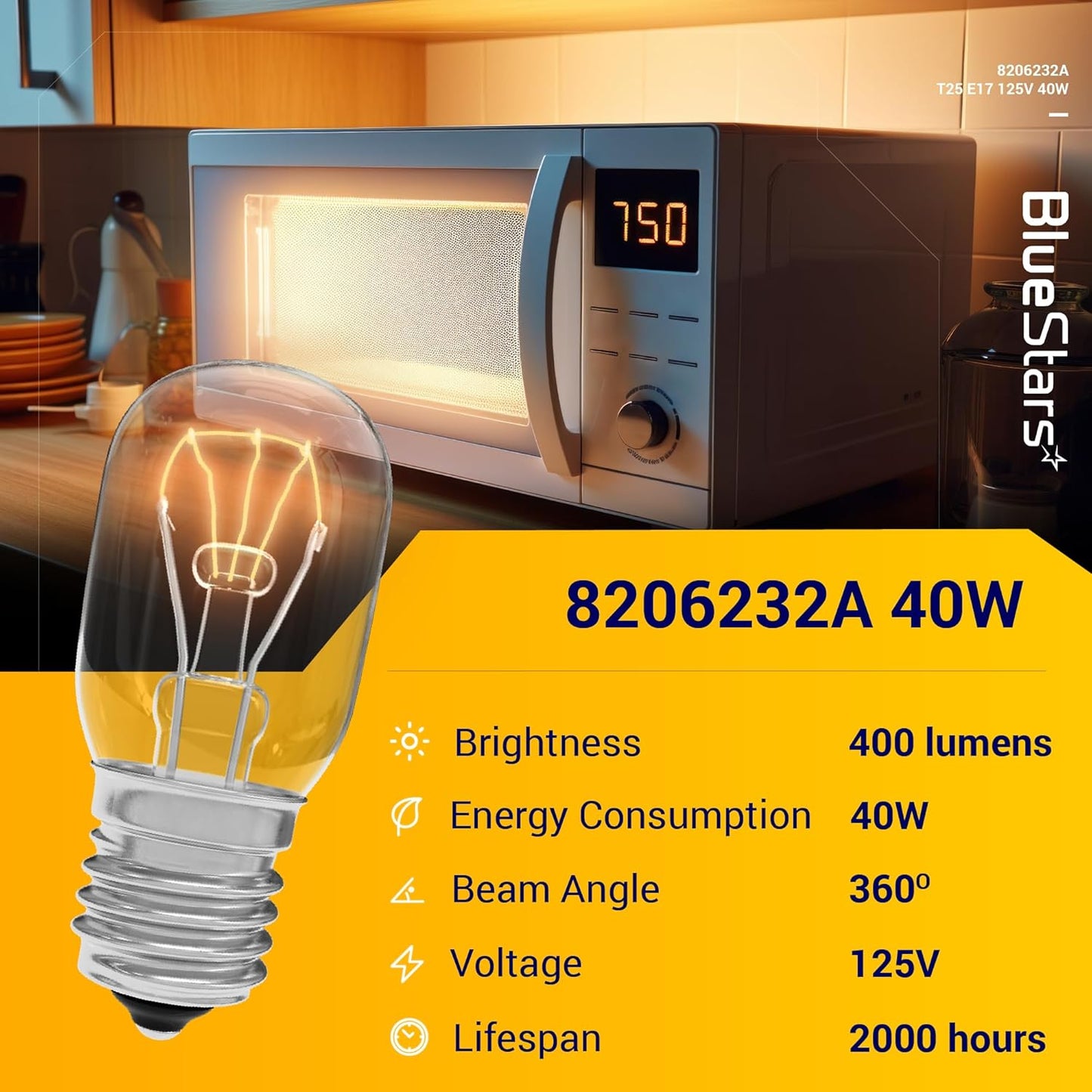 BlueStars 8206232A KEI 125V 40W Microwave Bulb E17 Base, Compatible with Whirlpool Microwave Light Bulb Under Hood, Lava Lamp, Salt Lamp Bulbs, Replaces 1890433 8206232 AP4512653, 3 Packs