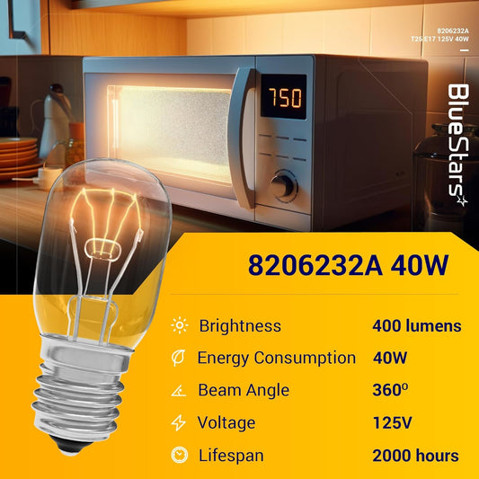 BlueStars 8206232A KEI 125V 40W Microwave Bulb E17 Base, Compatible with Whirlpool Microwave Light Bulb Under Hood, Lava Lamp, Salt Lamp Bulbs, Replaces 1890433 8206232 AP4512653, 3 Packs