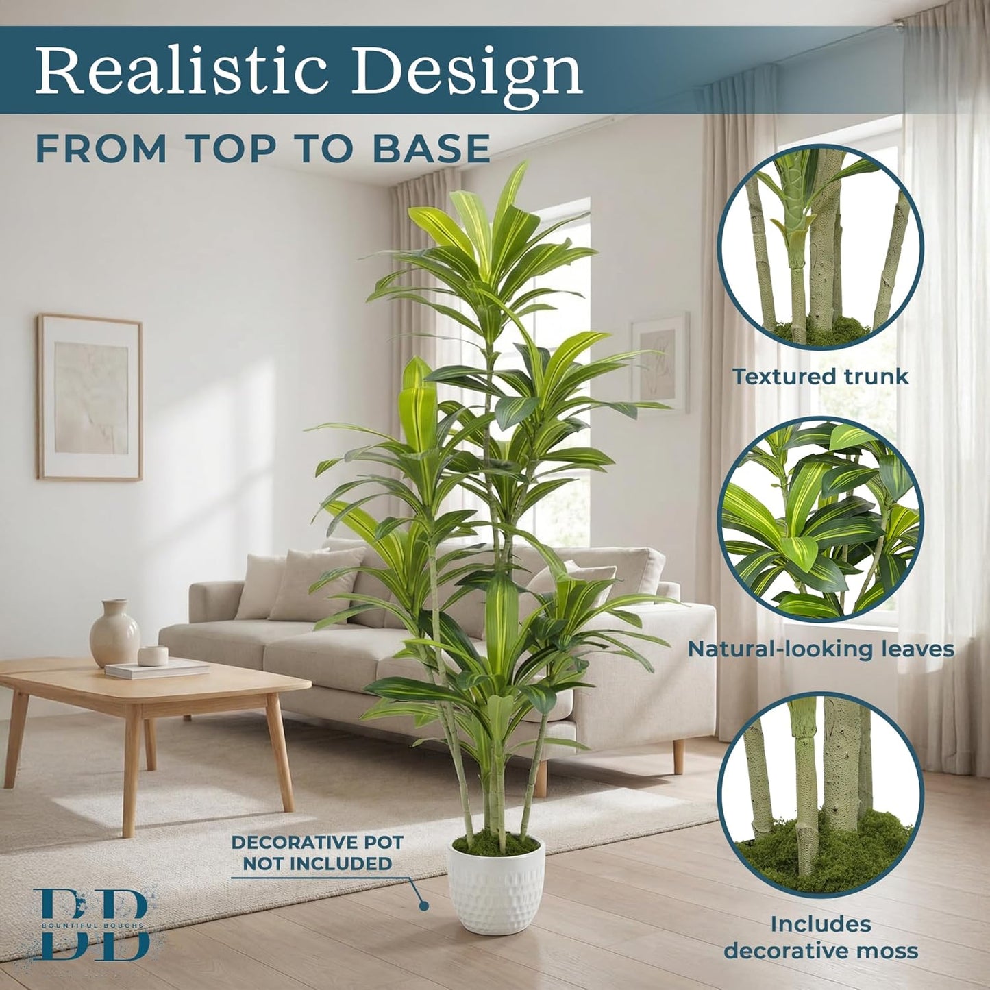 5’6” (170 cm) Dracaena Artificial Tree with Small Black Pot & Moss – Lifelike Natural Look, Maintenance-Free, Indoor & Outdoor Plant for Home, Office, Balcony & Patio