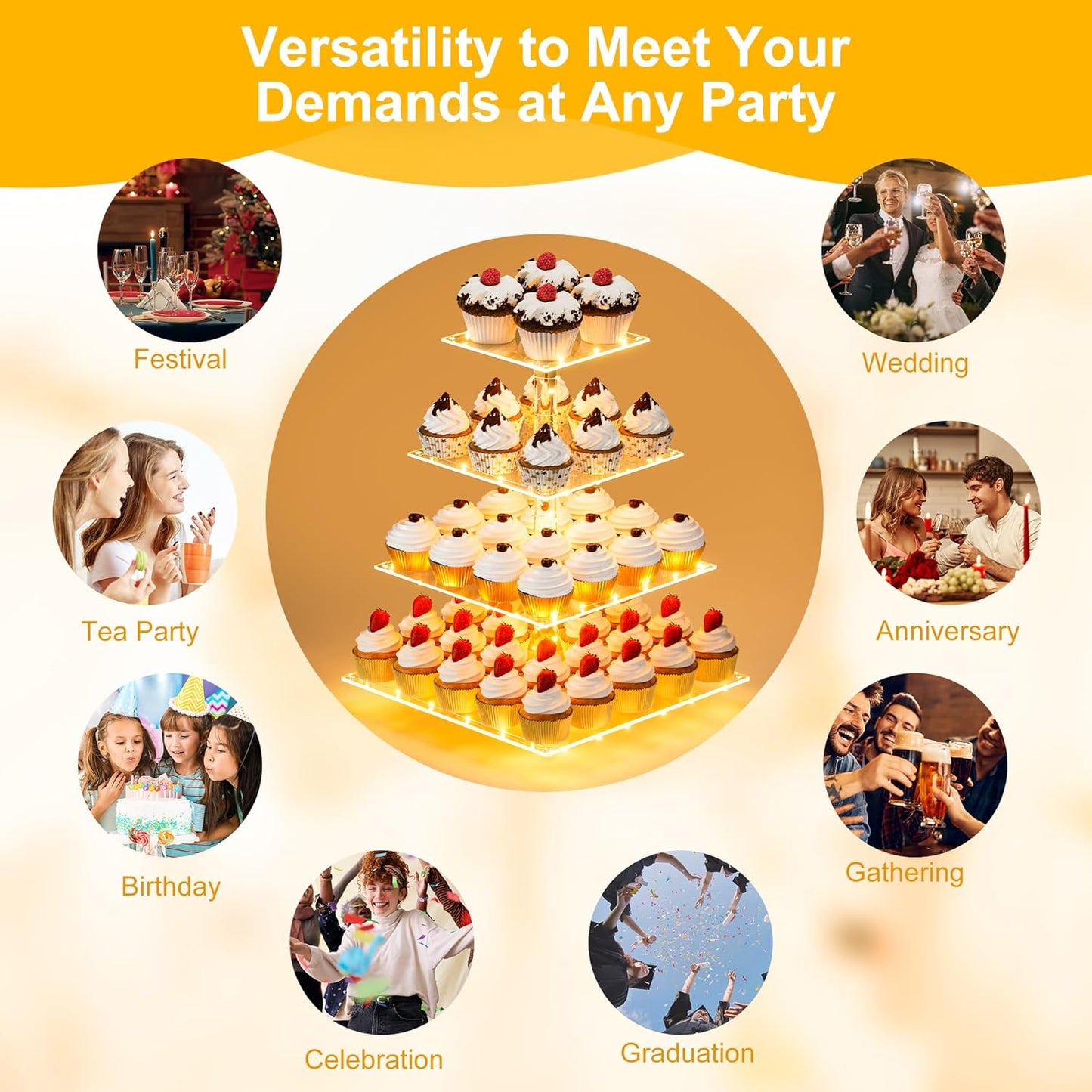 YestBuy 4 Tier Cupcake Stand Acrylic Tower Display with LED Light Prem