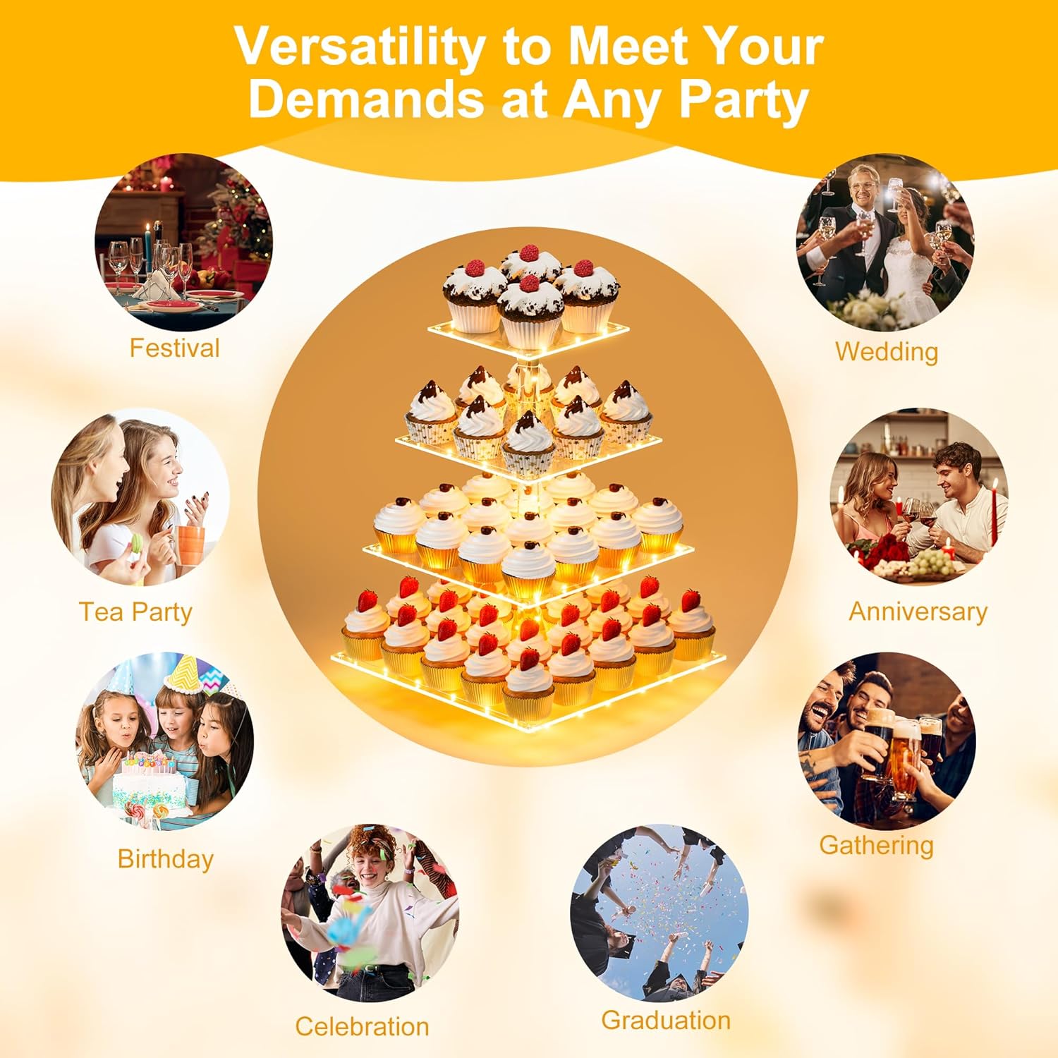 YestBuy 4 Tier Cupcake Stand Acrylic Tower Display with LED Light Prem