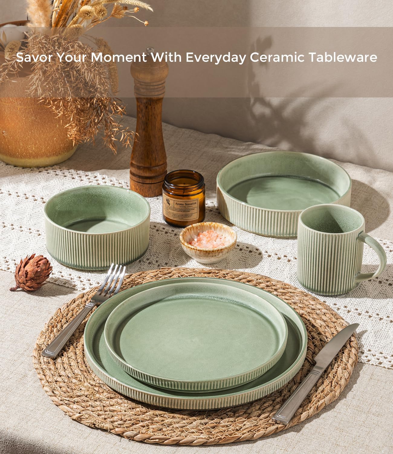 GBHOME 24-Piece Stoneware Dinnerware Set for 8 – Ribbed Ceramic Plates