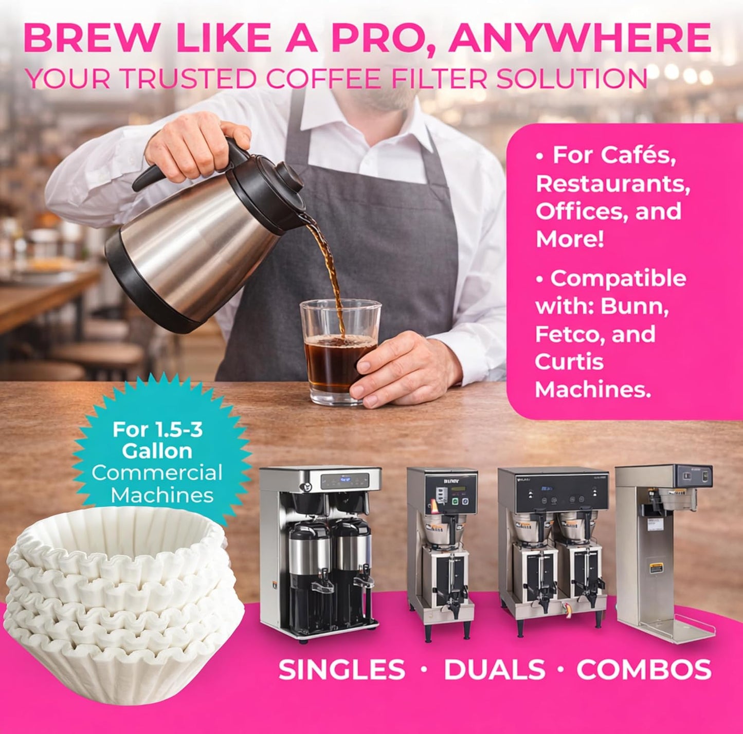 Katy’s Extra Large Commercial Coffee Filters (12.5” x 4.5”) for BUNN, Fetco & Curtis 1.5–3 Gallon Coffee & Tea Machines - Tall Walls, No Ground Overflow - Premium Filters for Businesses (Bulk Pack)