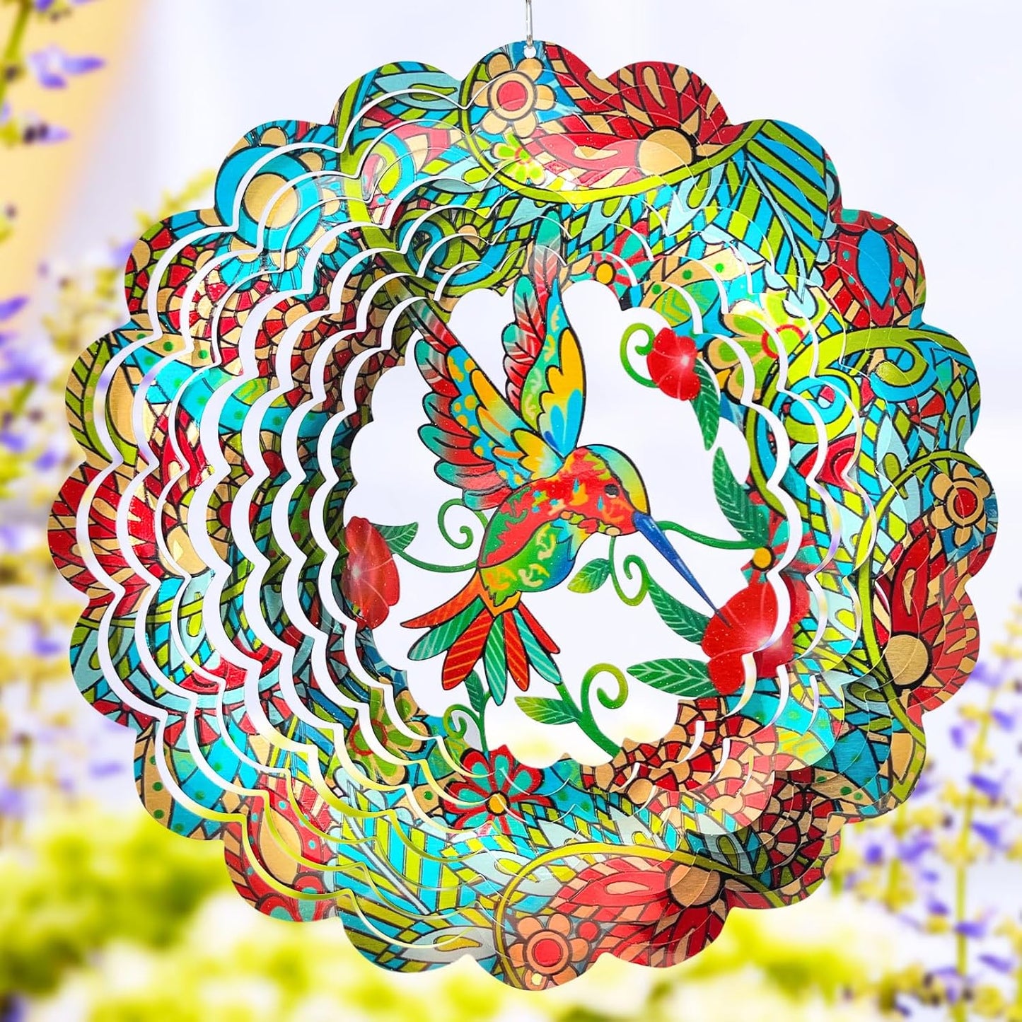 FONMY Wind Spinner Hummingbird 12 inch 3D Stainless Steel Wind Sculpture Worth Gift Christmas Decor. Laser Cut Metal Art Geometric Pattern - Hanging Mandala Wind Spinners, Kinetic Yard Art Decorations