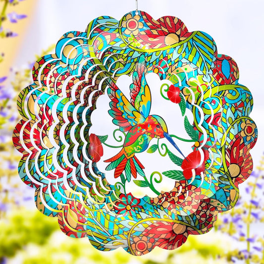 FONMY Wind Spinner Hummingbird 12 inch 3D Stainless Steel Wind Sculpture Worth Gift Christmas Decor. Laser Cut Metal Art Geometric Pattern - Hanging Mandala Wind Spinners, Kinetic Yard Art Decorations