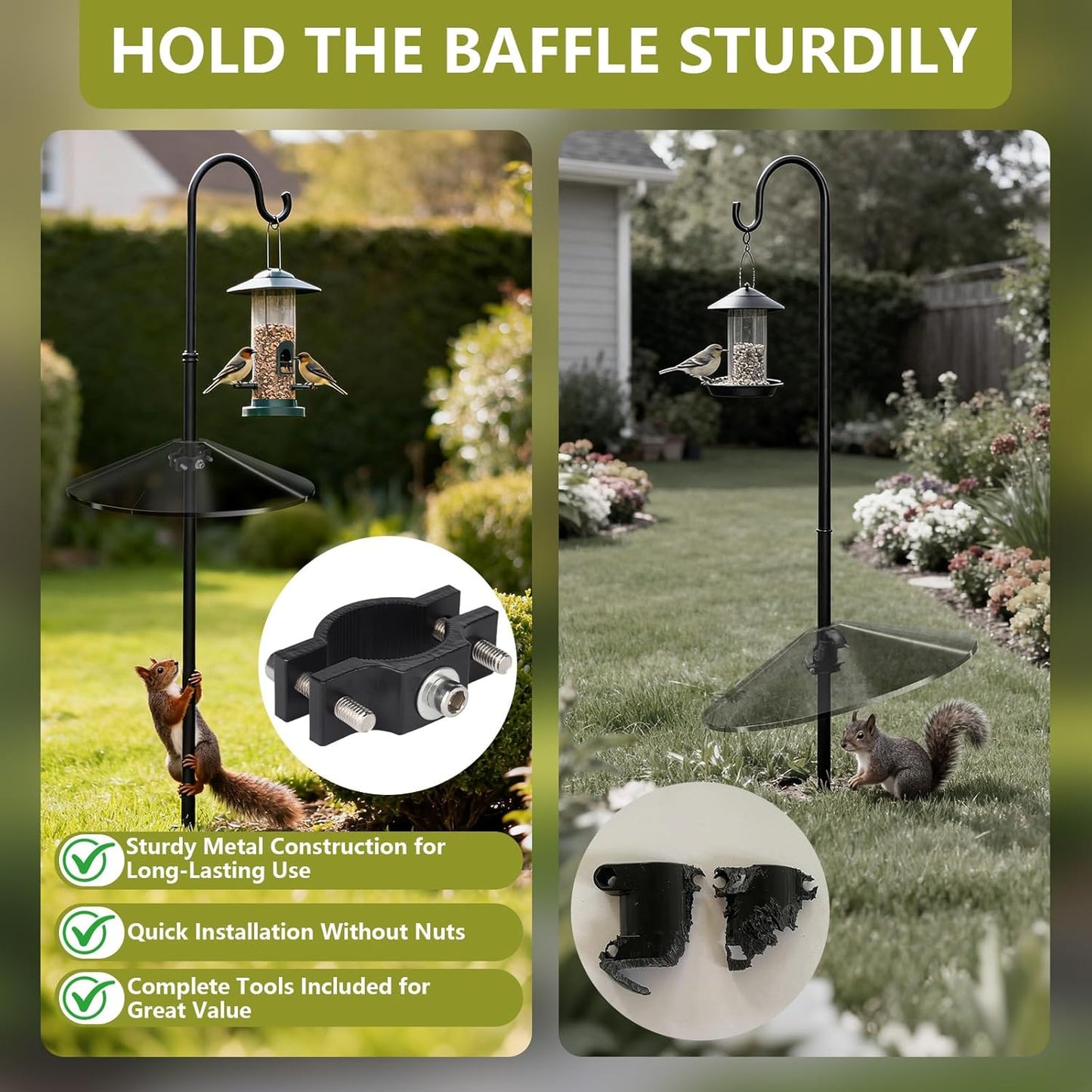 2 Pack Metal Squirrel Baffle Bracket for Bird Feeder Pole, Heavy Duty Squirrel Baffle Buckle Stopper Support Holder for Bird Feeder Poles,Shepherd's Hooks,Cone Guards & Raccoon Deflectors