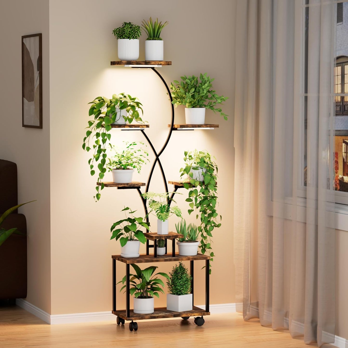 Plant Stand Indoor with Grow Lights, 8 Tiered Metal Plant Shelf with Wheels, 58" Tall Corner Plant Stand Flower Display Rack Holder for Living Room, Patio