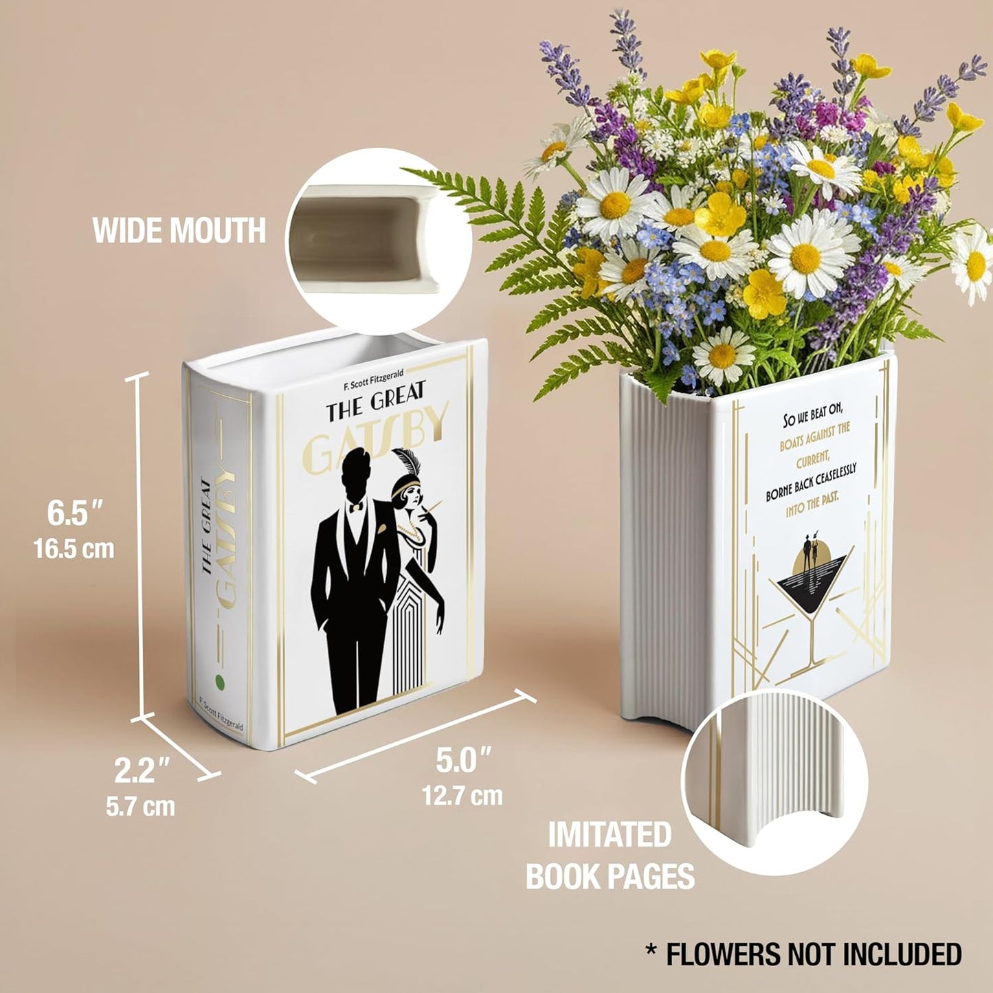 Hazel & Harold's H&H The Great Gatsby Book Vase for Flowers + Bookmark + Gold - Medium Ceramic Planter Pot - Bookish Great Gatsby Decor - Book Lover Gifts - Art Deco - Roaring 20s decor