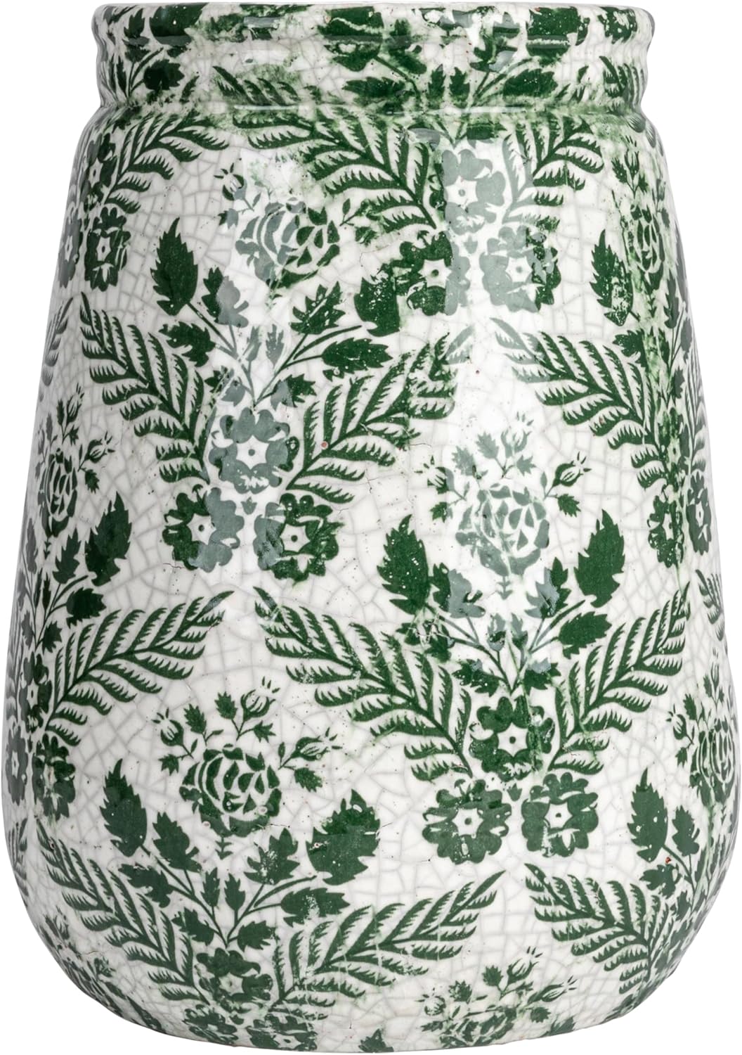 Creative Co-Op Terra-Cotta Planter Vase with Flower Pattern and Crackle Glaze, Green and White