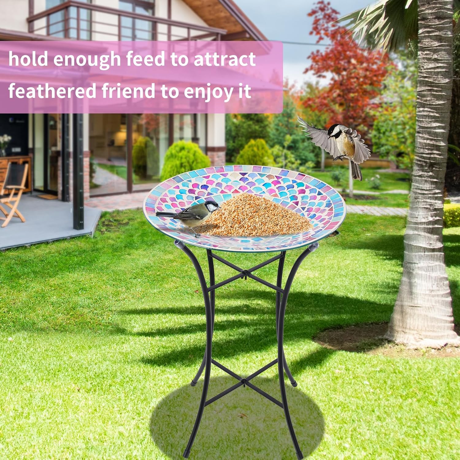 MUMTOP Mosaic Glass Bird Baths, 14 Inch Width Outdoor Garden Bird Bath