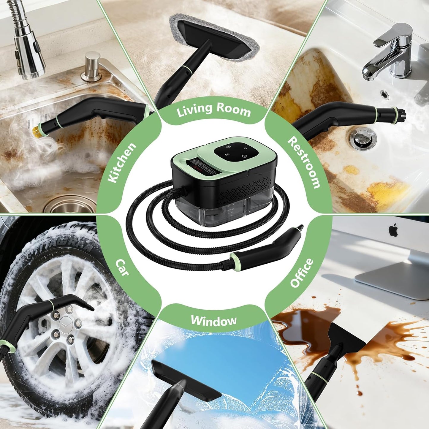 Steam Cleaner, Portable Steamer for Cleaning with 16pcs Accessories, 6-Level Adjustable, 15s Heat-Up, Handheld Steam Cleaner for Home for Tile, Grease, Dirt, Grout, Car Detailing, Green