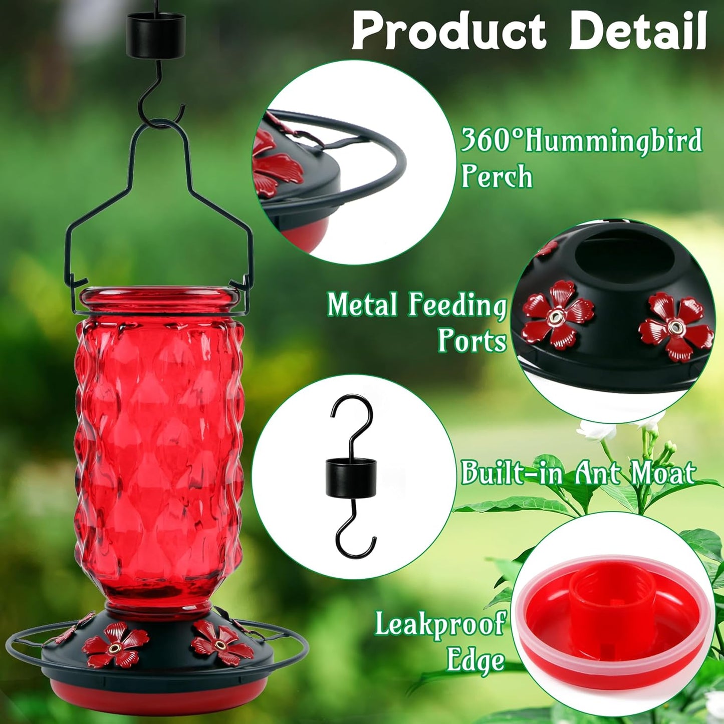 Glass Hummingbird Feeders for Outdoors - 25 OZ Red Humming Bird Hanging Nectar Feeder with 5 Feeding Port Ant Moat for Garden Tree Wildlife Backyard, Birder Ideal Gift for Women Men