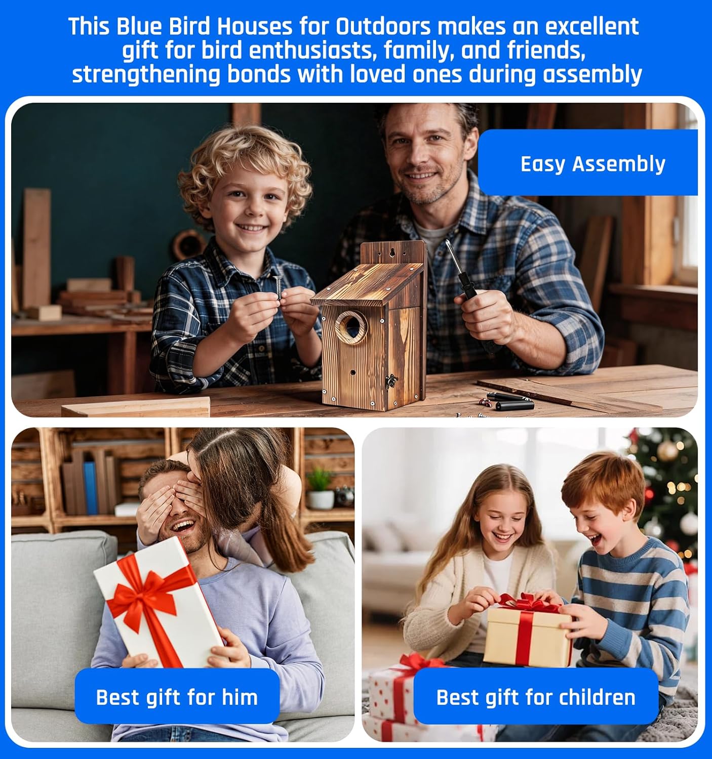 Natural Wood Birdhouse for Outside, Wooden Nesting Box with Circular Entrance Hole and Perch， Blue Bird Houses for Outdoors with Clear View Panel & Predator Guard for Blue Robin, Wren, Swallow