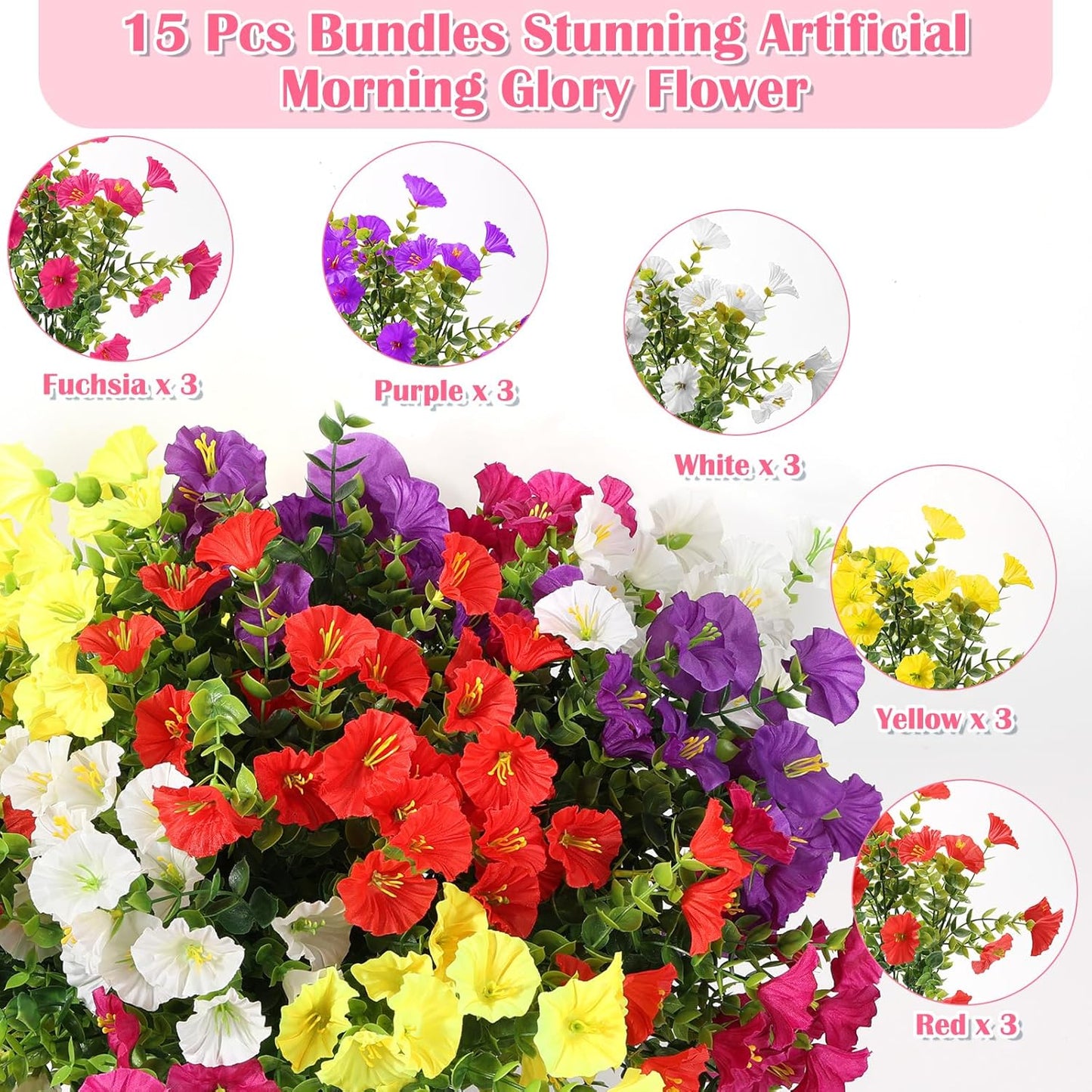 15 Bundles Artificial Summer Flowers for Outdoor, Fake Silk Morning Glory for Outside UV Resistant, Realistic Faux Plants for Planters(Not Include Flower Pot)