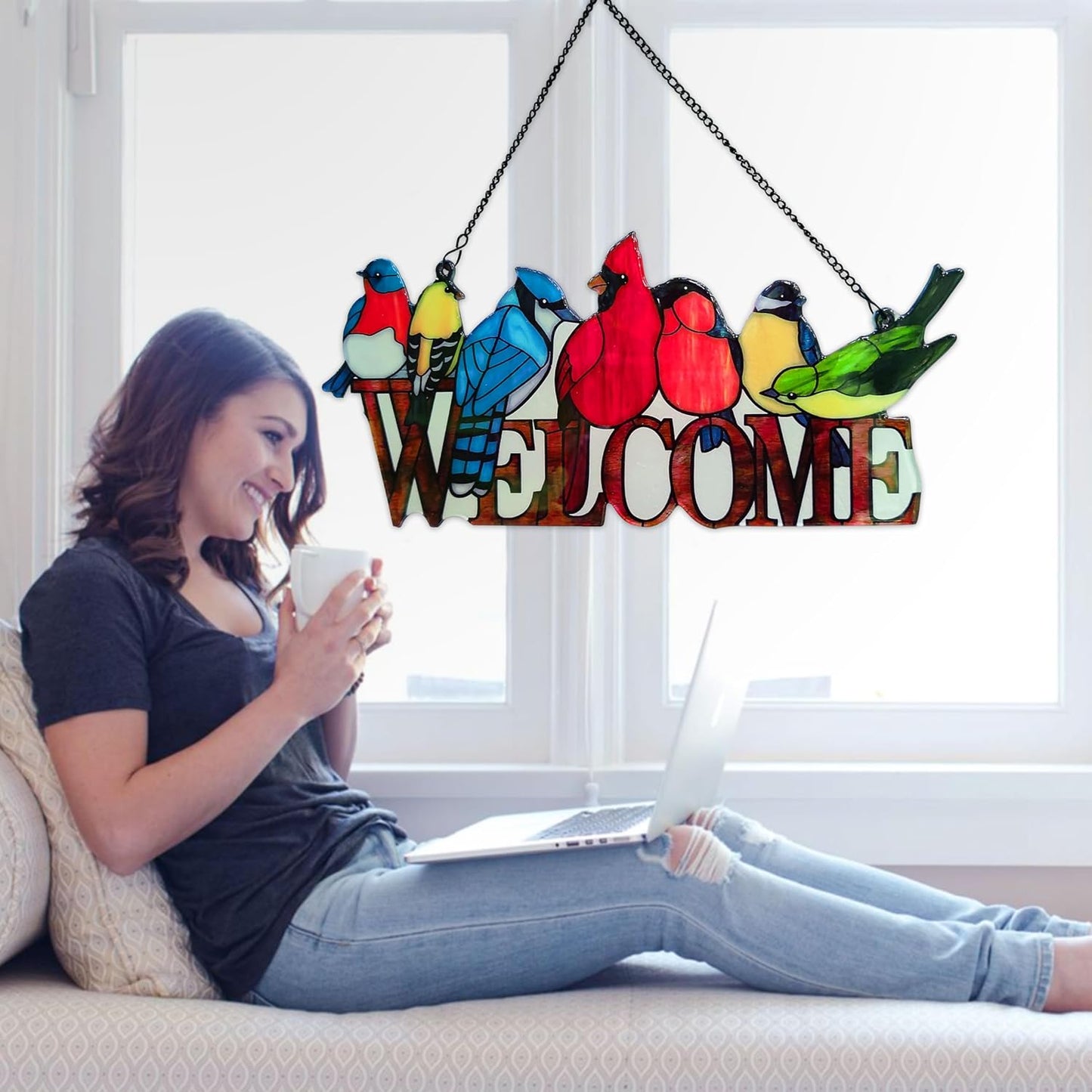 JOYBEE Birds On Branch Stained Glass Suncatcher Cardinal Hummingbird Kingfisher Double Side Glass Panel Window Hanging Decor Bird Ornament Bird Lover Gift for Mom Grandma