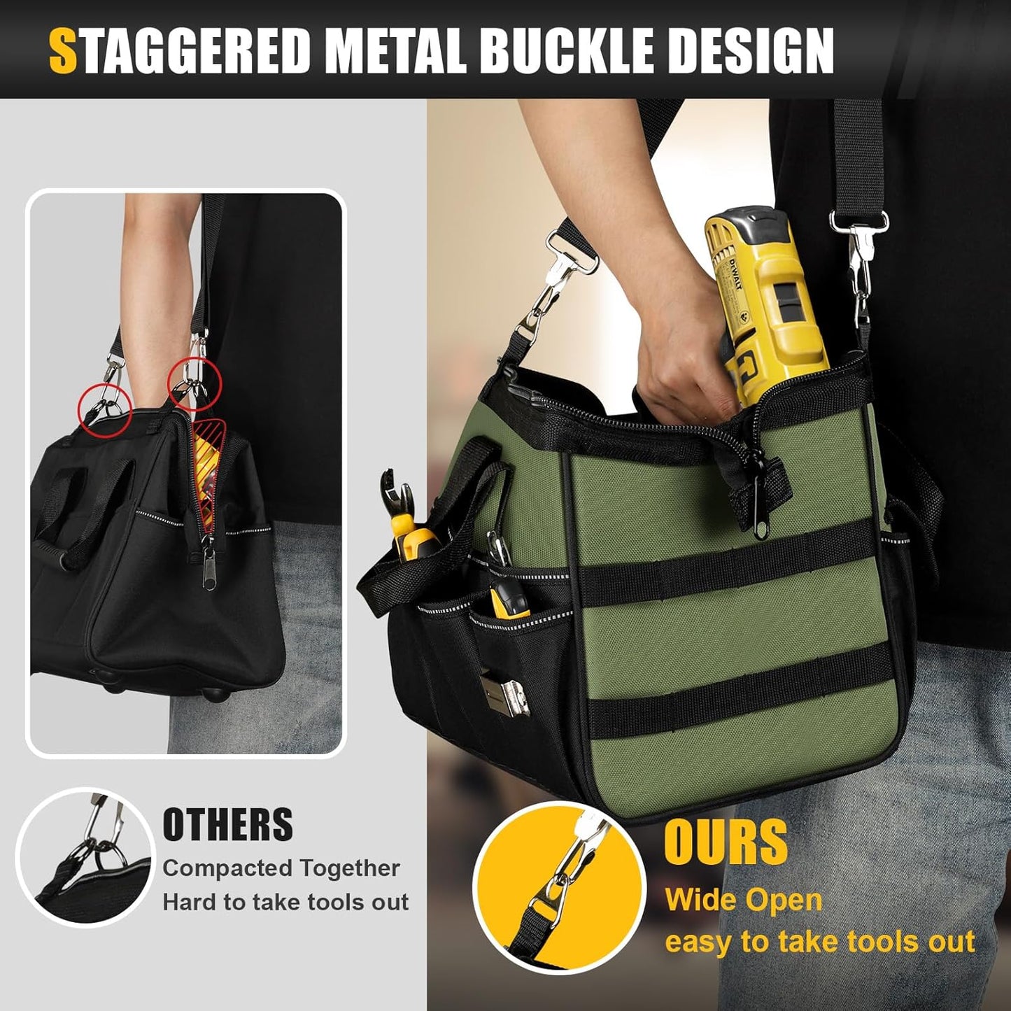 Heavy Duty Tool Bag 15-Inch, 16-Pocket Portable Empty Tool Box Organizer, Big Storage Toolbox Organization, Soft Handle Large Zipper Carrying Toolbag, Father Day Gifts for Him Dad Men, Green