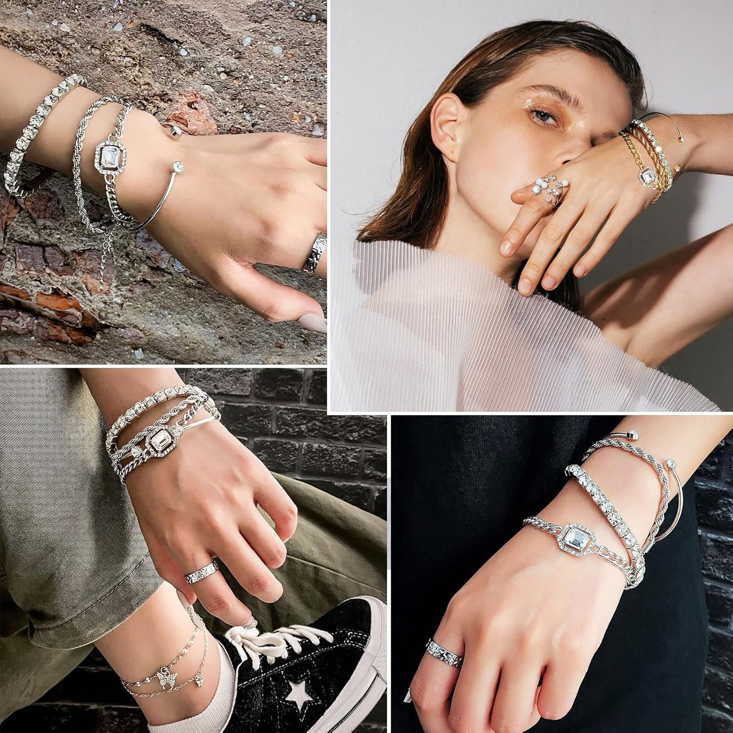 4 Pcs Dainty Gold Silver Bracelets Set for Women 14K Plated Link Cubic