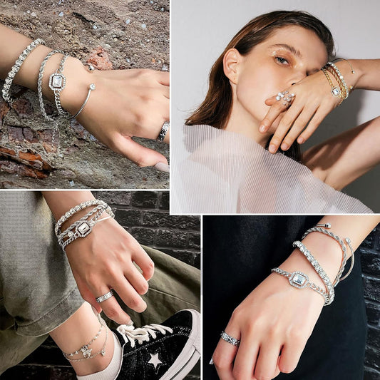 4 Pcs Dainty Gold Silver Bracelets Set for Women 14K Plated Link Cubic