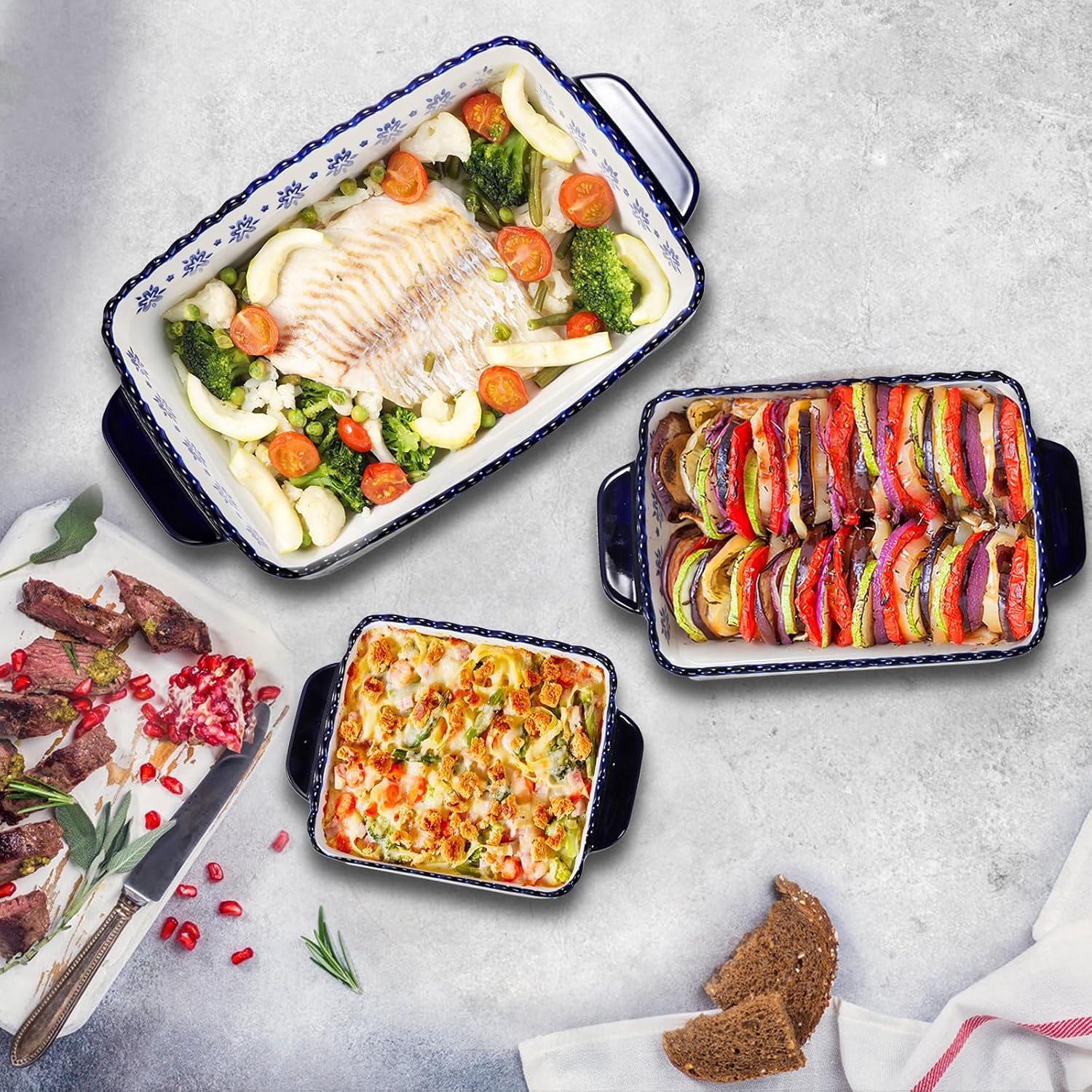 SOUJOY 3 Pack Porcelain Bakeware Set, Rectangular Baking Dishes, Lasag