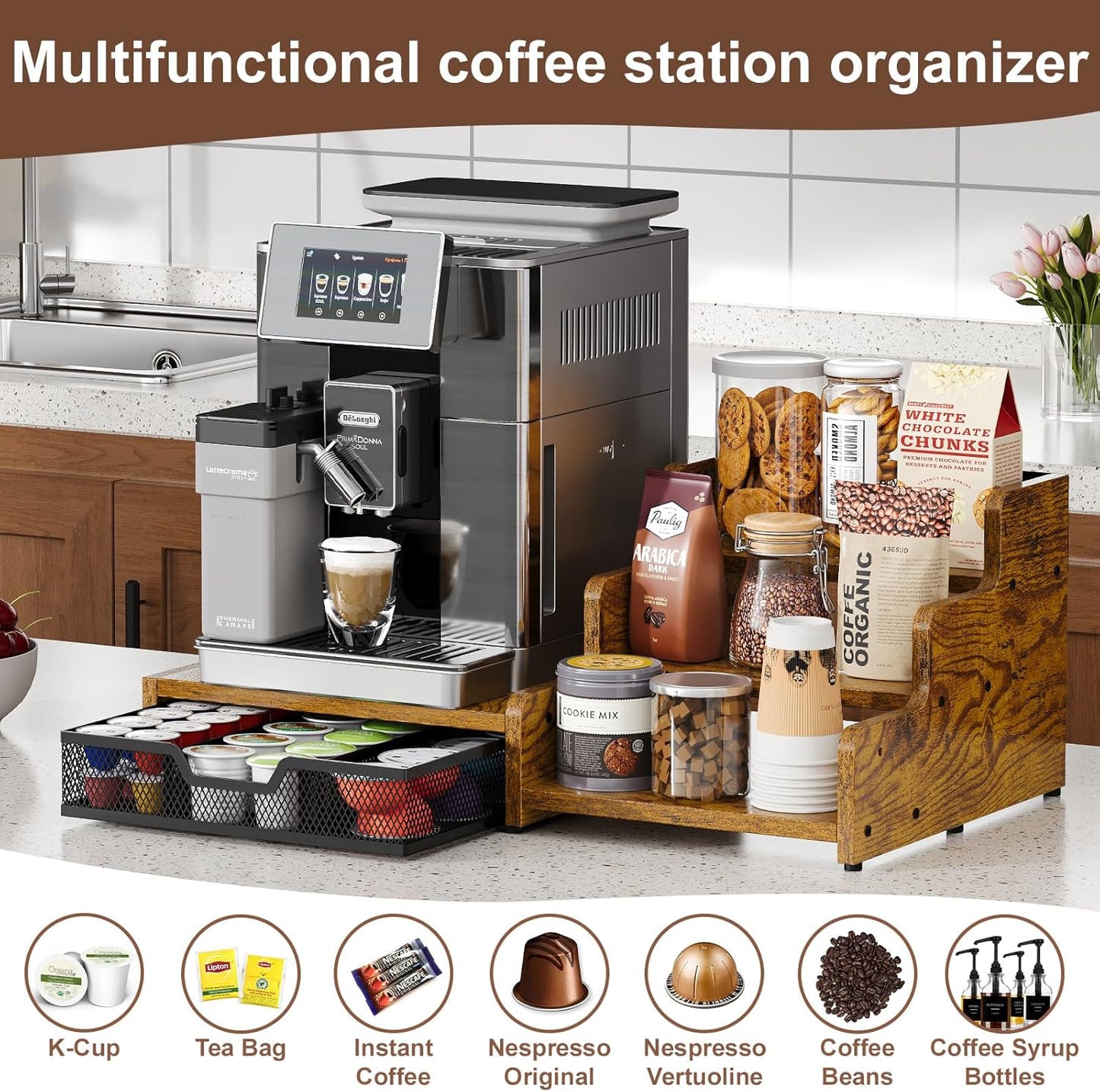 Coffee Station Organizer with K Cup Holder, 28 Pod Capacity,3-Tier Syr