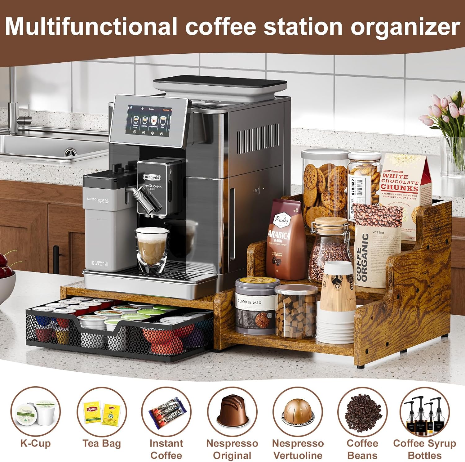 Coffee Station Organizer with K Cup Holder, 28 Pod Capacity,3-Tier Syr