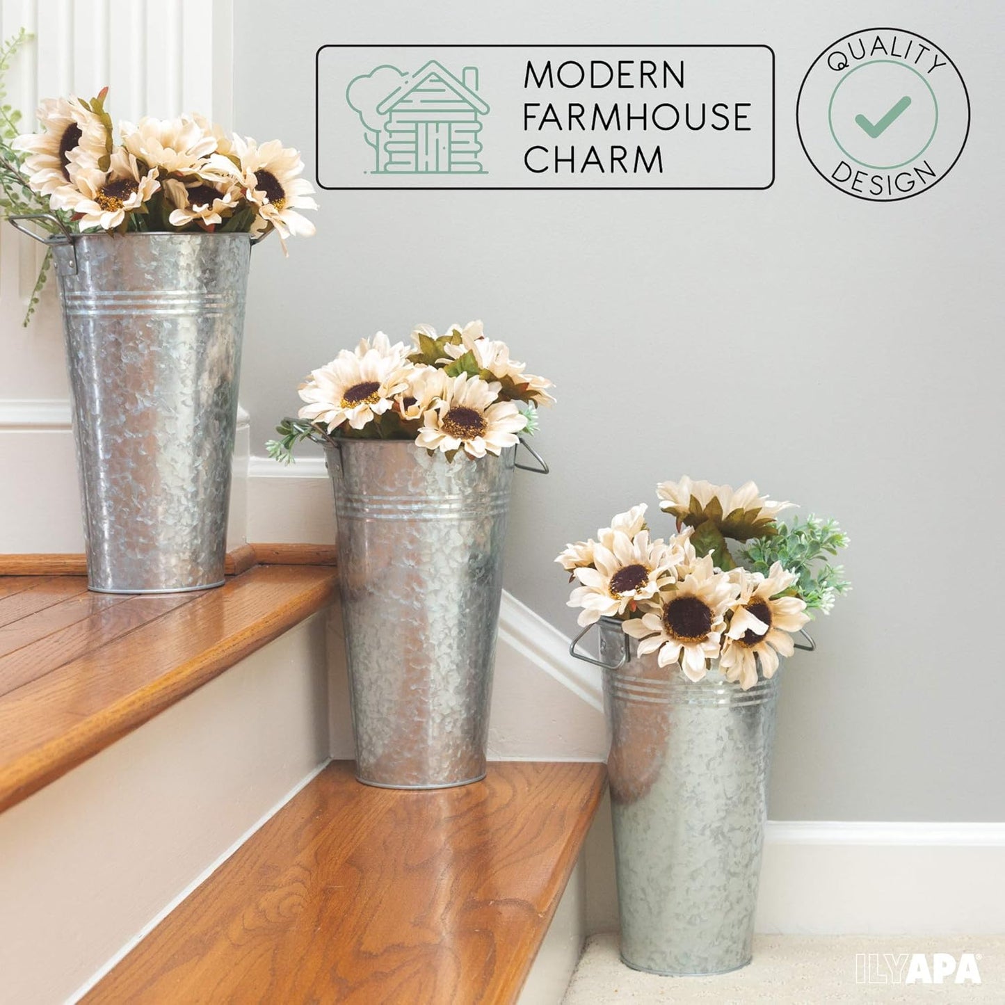 Ilyapa Galvanized Metal Flower Vase 3 Pack - 13" Tall Rustic Farmhouse Bucket Planter Pots