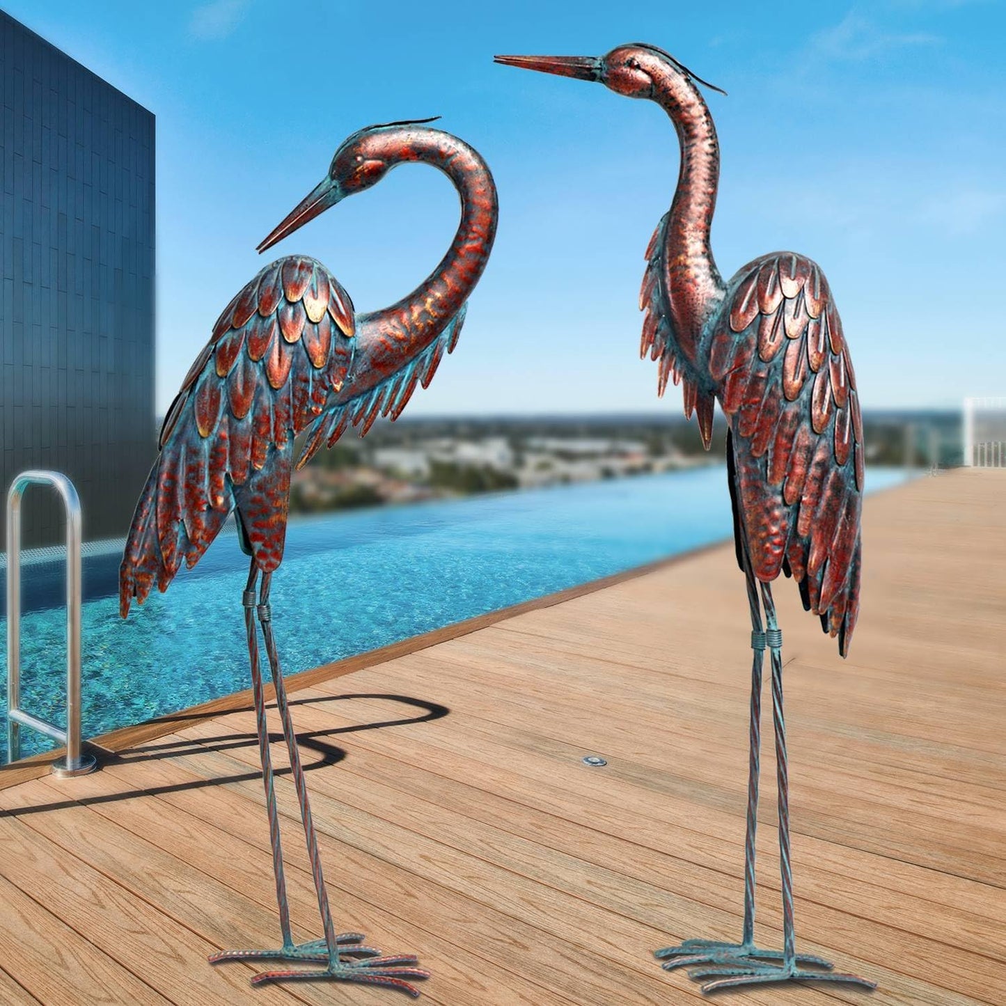 Kircust Metal Crane Statues - Set of 2 Bronze Heron Sculptures for Gar