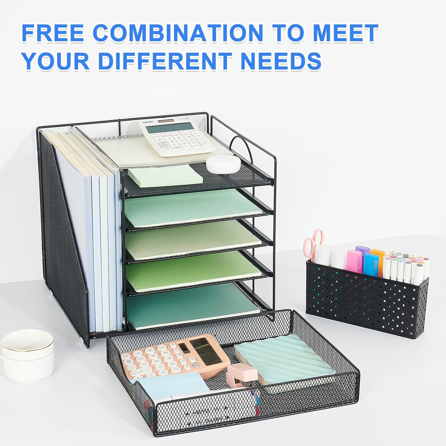 Desk Organizer with Drawer and Pen Holder, 5-Tier Paper Letter Tray Or