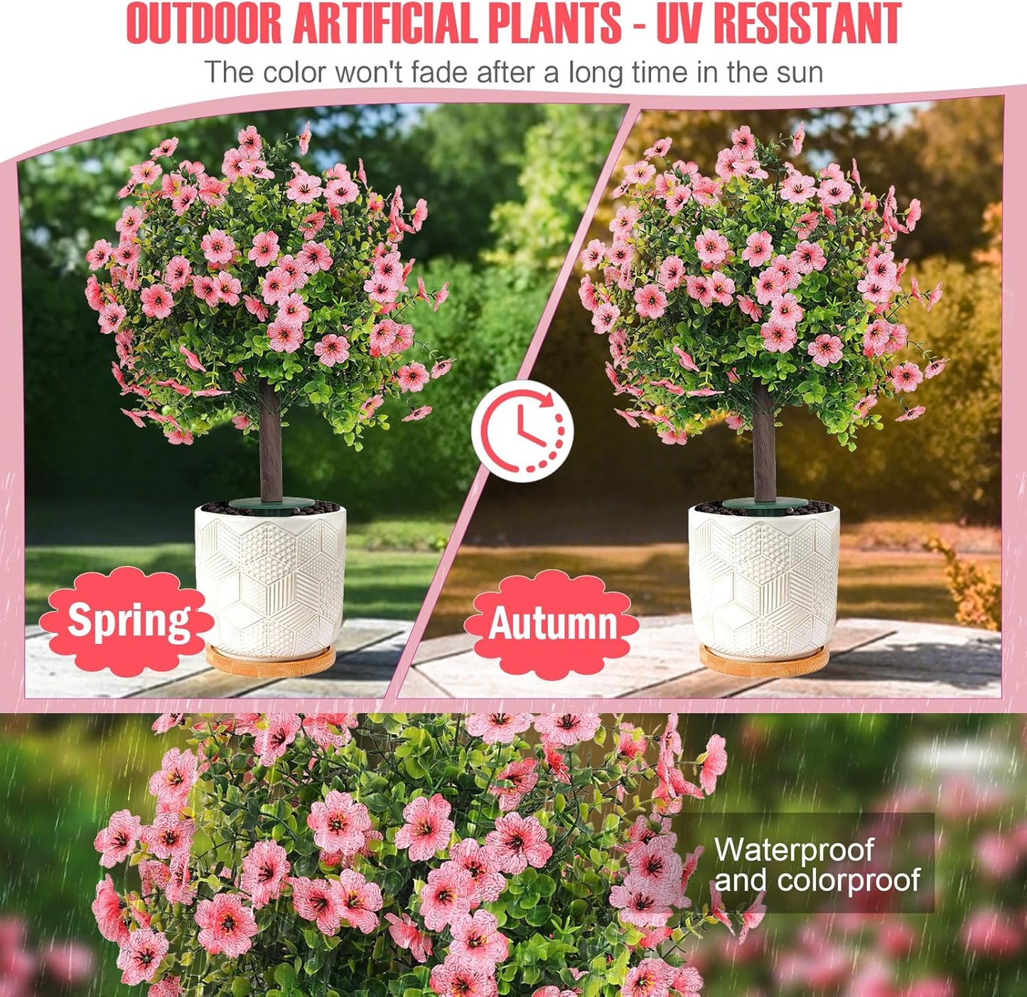 Set of 2 Artificial Shrubs for Outdoors UV Resistant Fake Bushes for Porch Balcony Patio Garden Yard Decor 17.7 Inches (Pink)