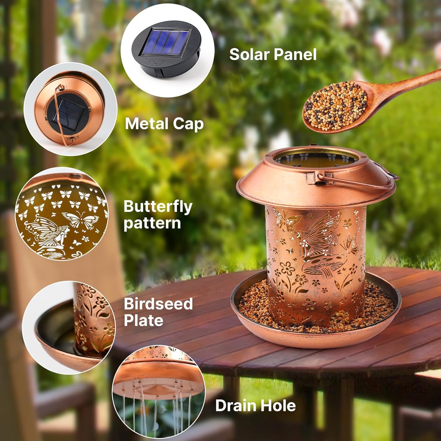 Solar Bird Feeders for Outdoors Hanging Metal Waterproof Outdoor Butterfly Lantern Wild Bird Feeder Weather Resistant Gifts for Women Friends,Yard,Patio,Porch,Balcony