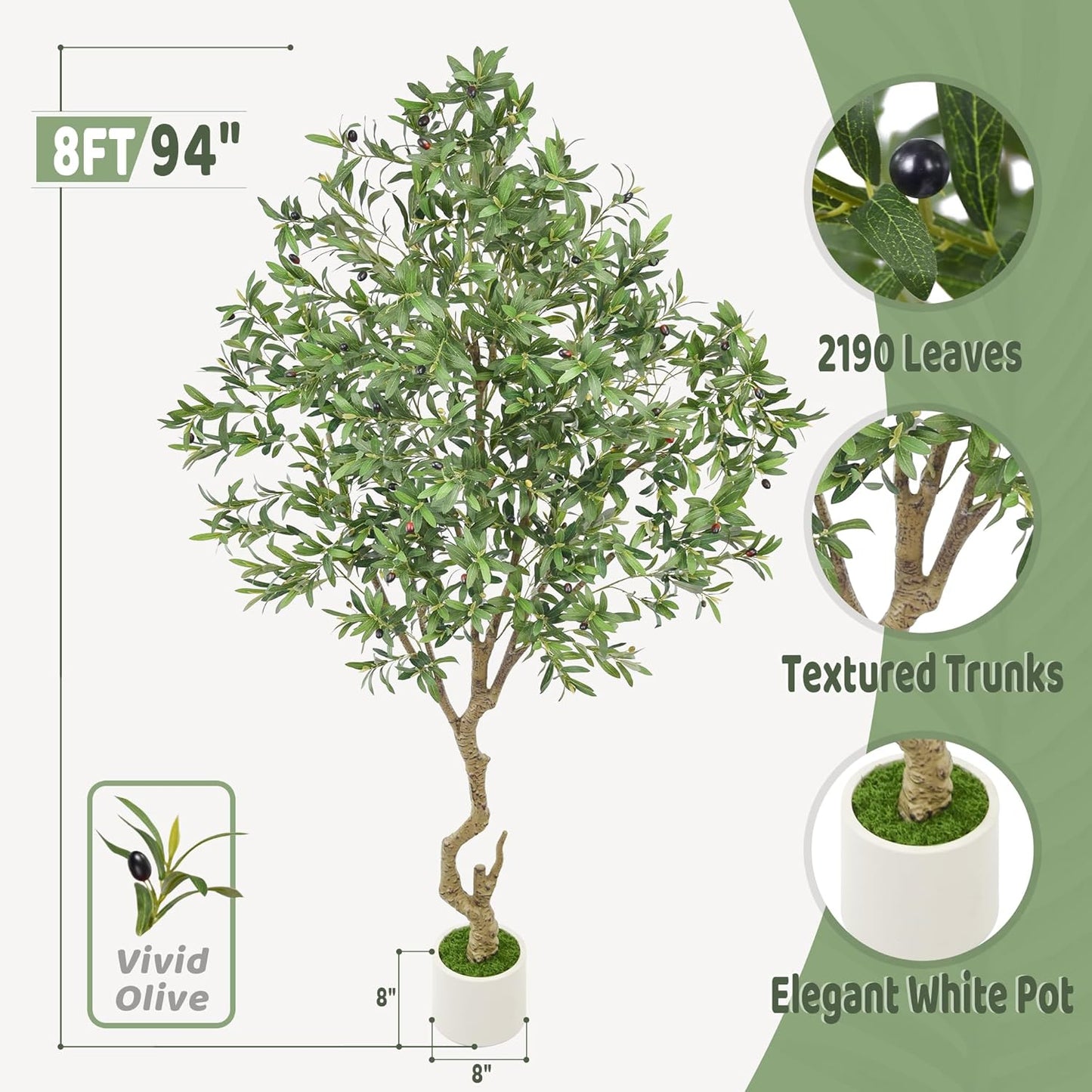 Artificial Olive Tree 8FT with 2190 Leaves & White Planter Realistic Tall Large Fake Faux Silk Plant 94 Inch for Indoor Home Office Porch Mall Restaurant Hotel School Decor Housewarming Gift