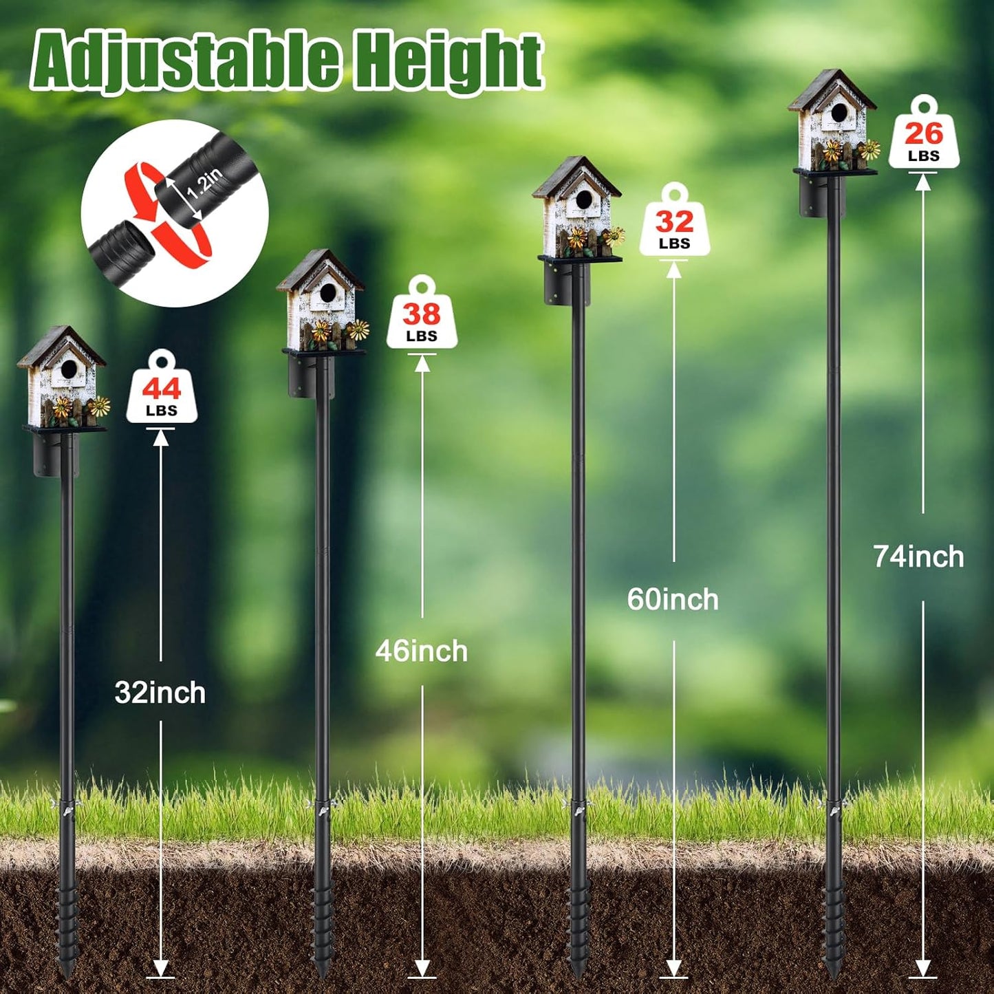Bird Feeder Pole for Outdoors - 1.2 Inch Thick Metal Stake, Weatherproof Bird Feeder Stand for Yard & Garden - Sturdy Hanging Mount for Birdhouses & Feeders