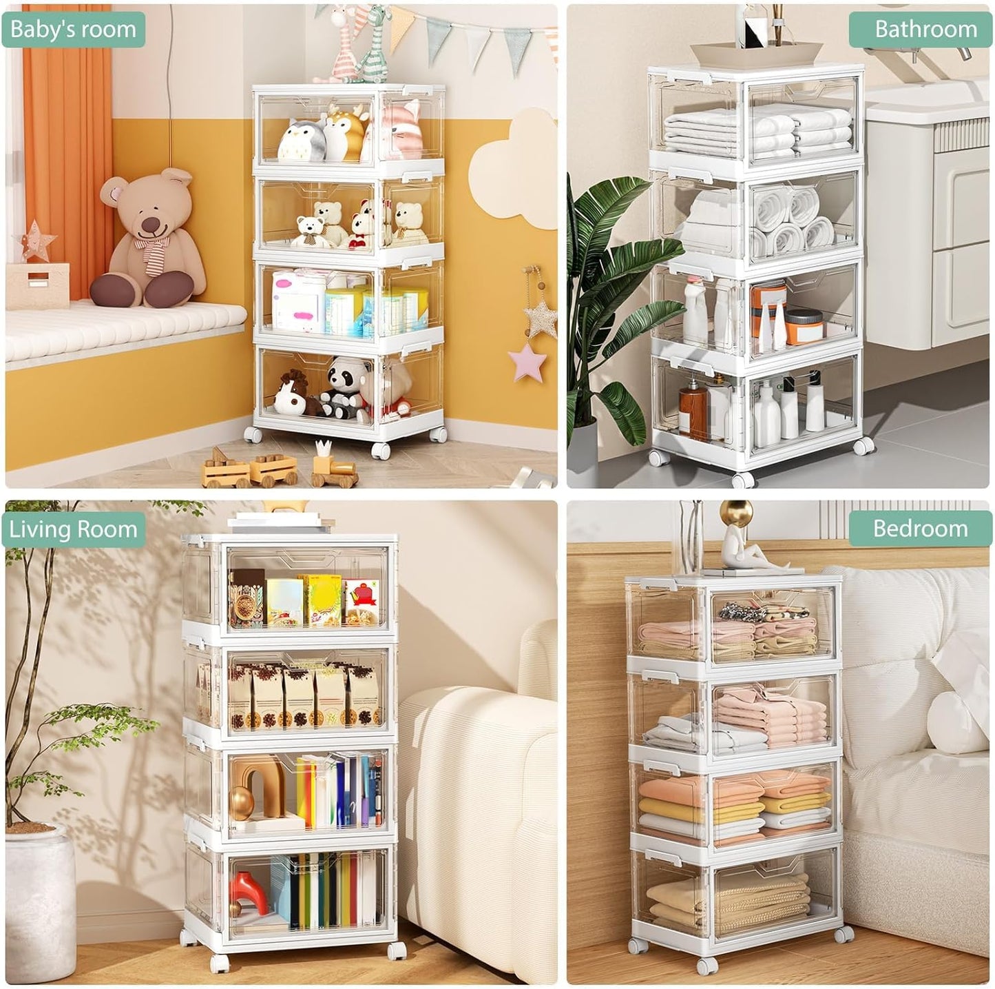 Clear Storage Bins with Lids - 4 Tier Plastic Bins with Wheels, Stacka