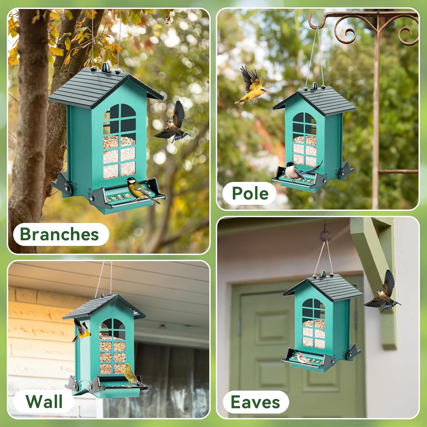 2026 Squirrel Proof Bird Feeder for Outdoors Hanging, 8LBS Metal Hanging Bird Feeder with Bilateral Weight-Activated Perches, Large Capacity Wild Bird Feeder - Squirrel Chewing Proof（Green）