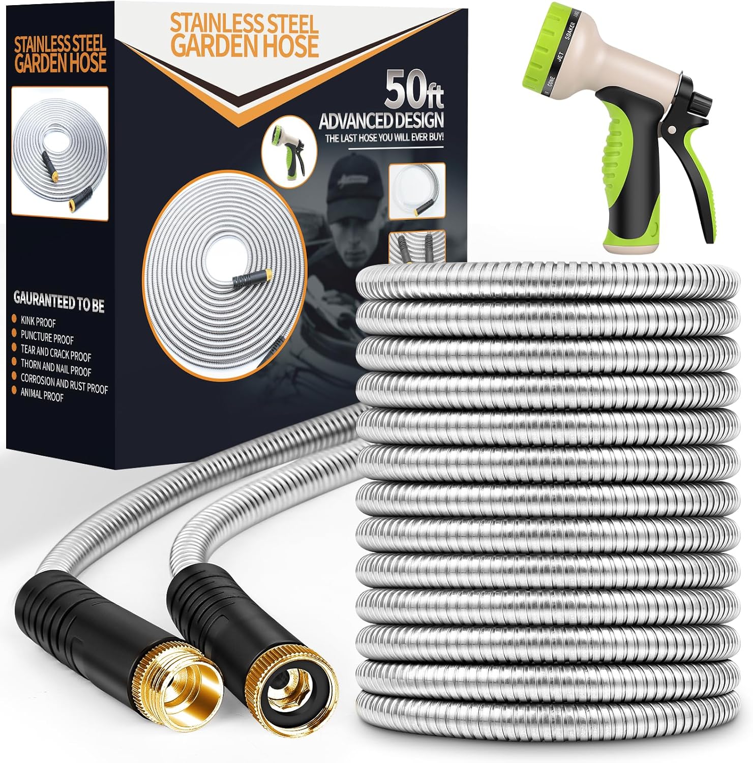 Garden Hose 50ft, Stainless Steel Water Hose with 10 Function Nozzle F